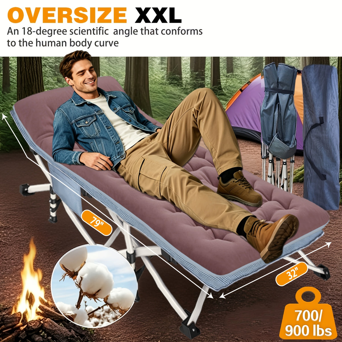 XXL Oversized Camping Cot 32-Inch Wide with Comfortable Mattress – Extra Wide Heavy-Duty Folding Cot for Adults, 1200D Oxford Cloth, Carry Bag Included, Camping Lounge Chair Option