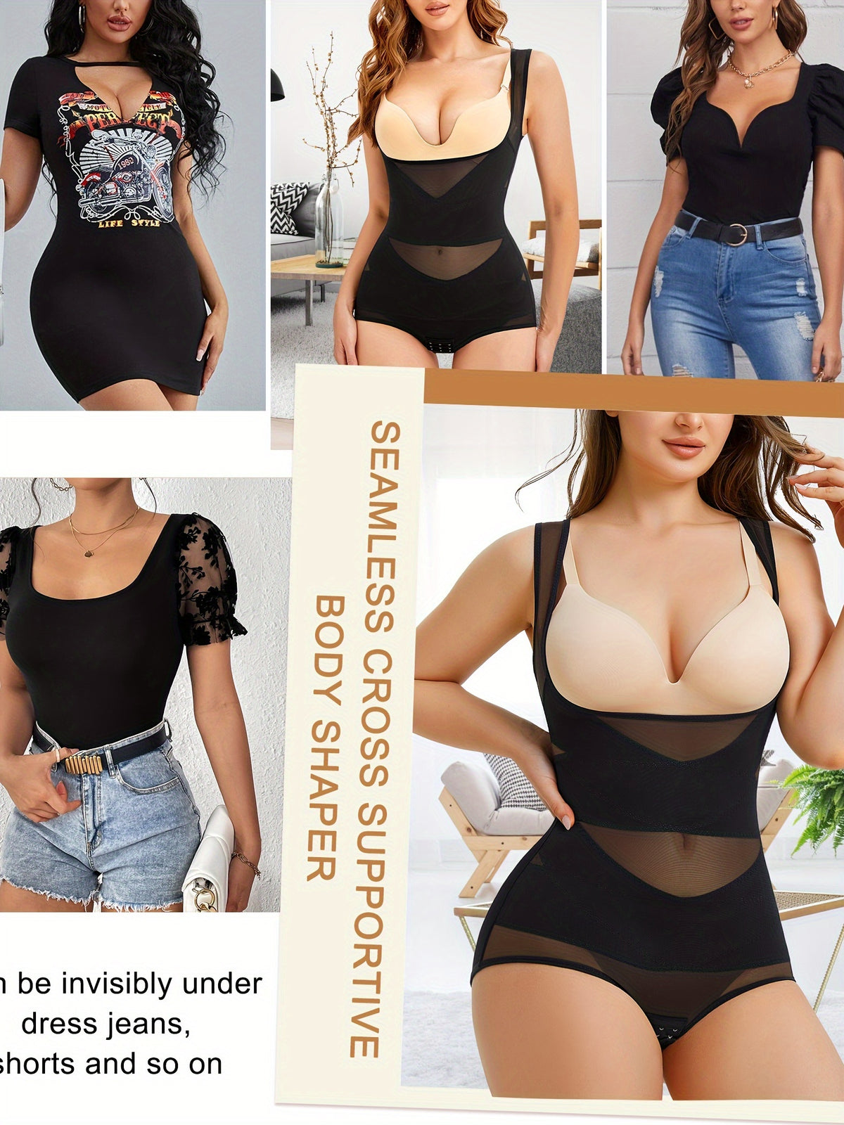 Women's Shapewear Bodysuit with Tummy Control – High-Waist Butt Lifter, U-Shape Push Up, Wide Straps, Breathable Nylon Body Shaper, 5 Colors, Sizes S-XXL