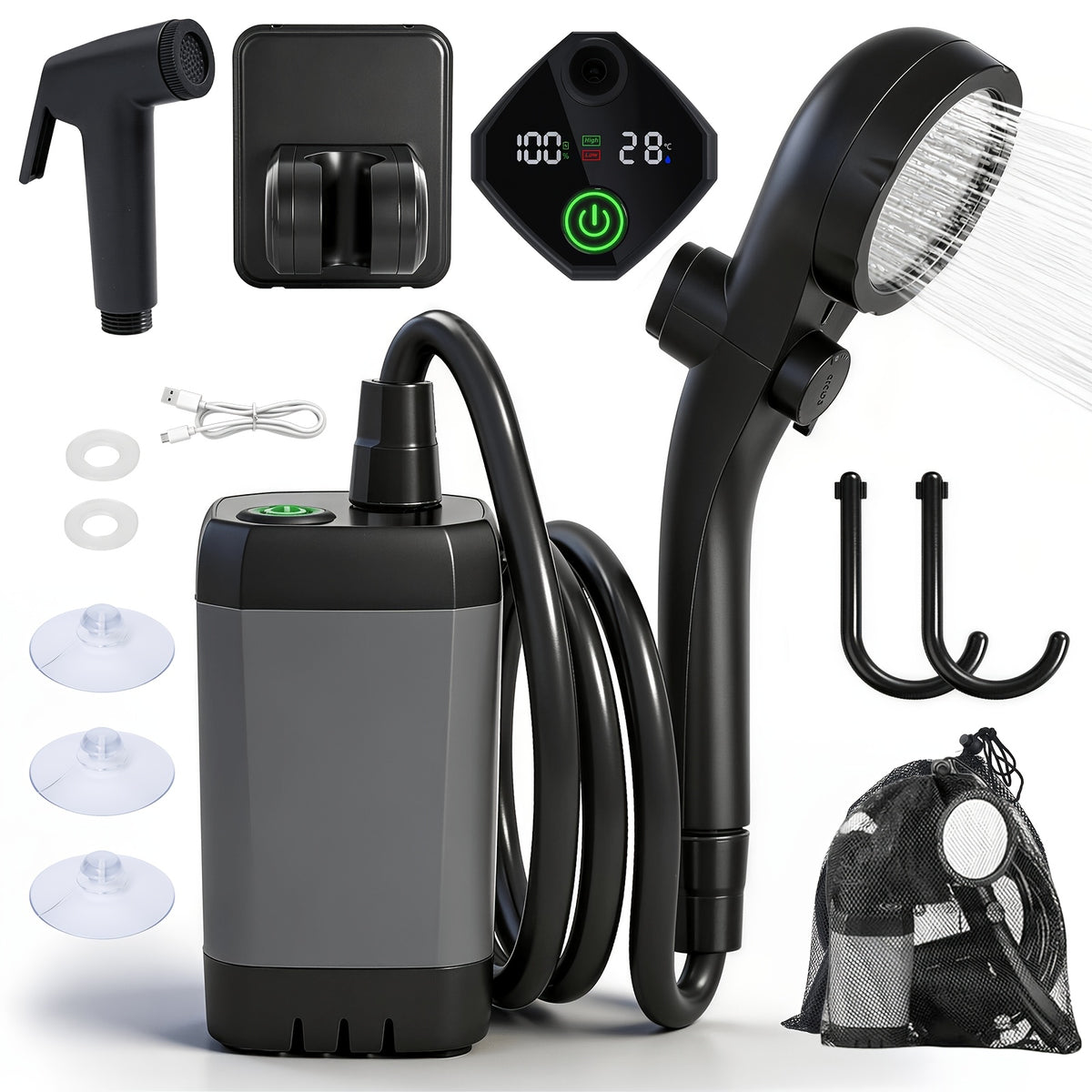 Portable Camping Shower 6000mAh Rechargeable Pump – IPX7 Waterproof, 4 Spray Modes, Outdoor Shower Kit for Camping Hiking Beach Pet Car Washing, Gift for Outdoors Lovers