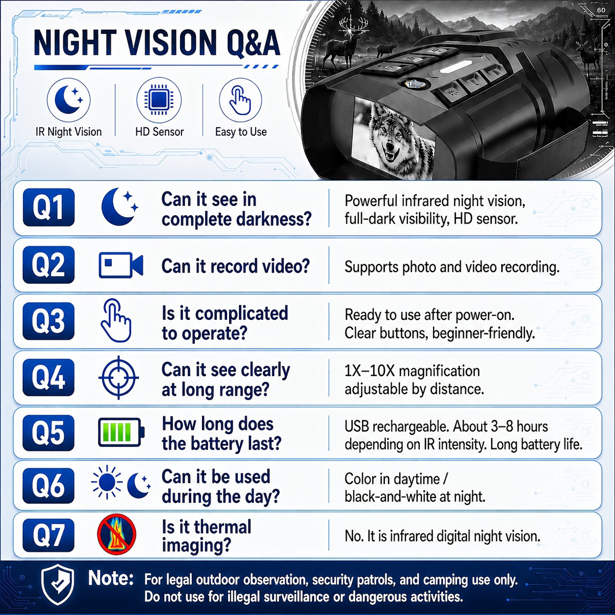 Night Vision Binoculars 2K Ultra HD with 5W IR Illuminator – 10x Zoom 2600ft Range 2.8" IPS Screen Rechargeable Digital Night Vision Goggles for Hunting Camping Security