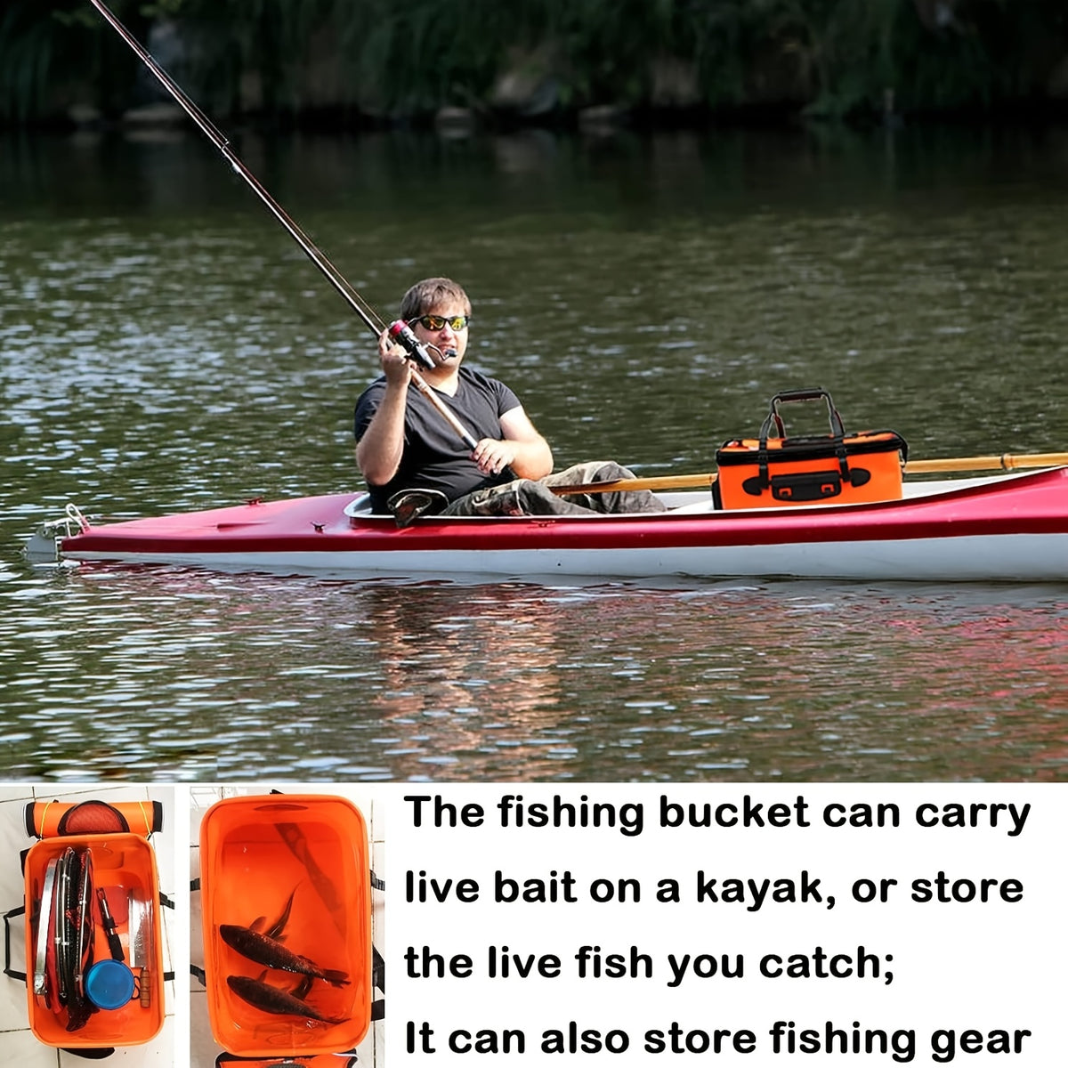 Collapsible 25L EVA Fishing Bucket with Lid – Foldable Live Fish Keeper & Bait Container for Kayak Bank Pier Fishing, Lightweight Portable Water Bucket for Camping, Orange & Blue