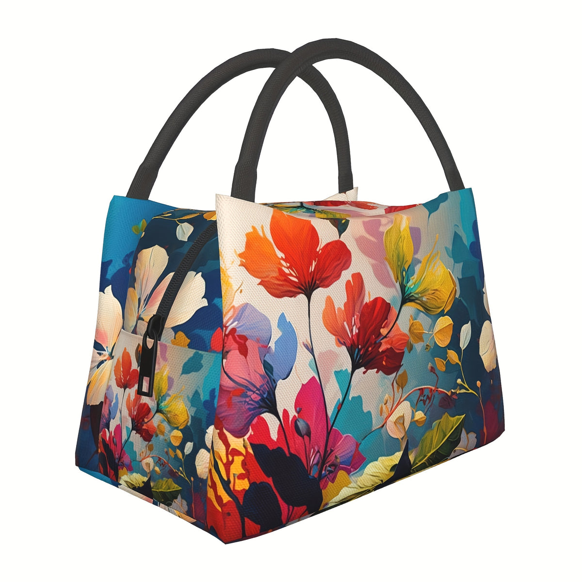 Insulated Lunch Bag for Women Vibrant Floral Reusable Cooler Tote with Black Handles 11x6.5x7 In - Leakproof Lunch Box for School Office Camping Picnic Beach - Lightweight Polyester Lunch Bag