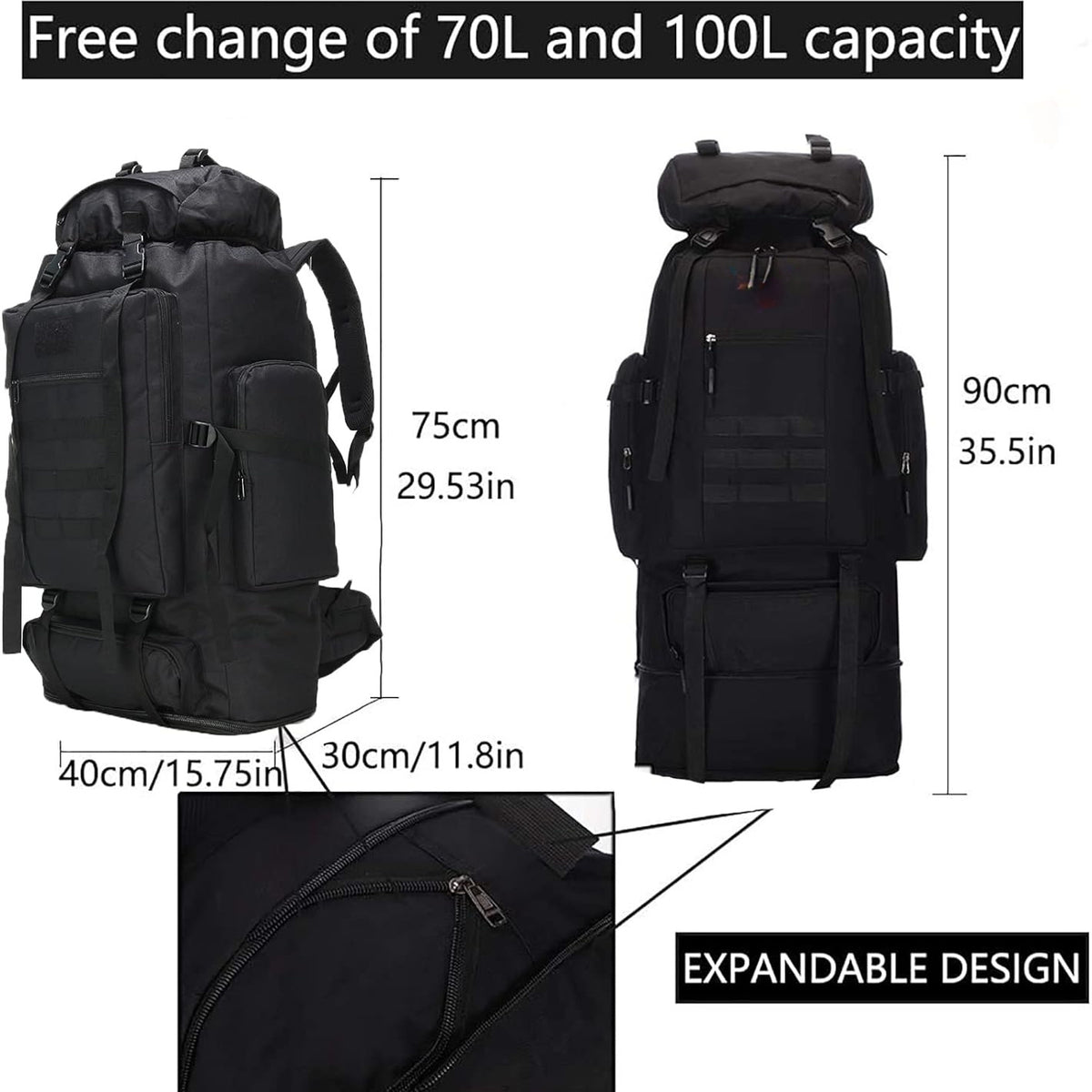 Large Capacity Hiking Camping Mountaineering Backpack 100L Expandable Outdoor Travel Pack Jungle Camo Black