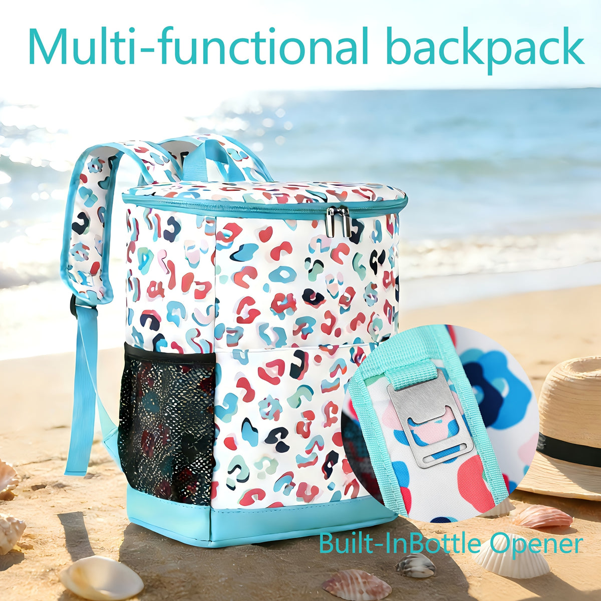 Insulated Cooler Backpack 30-Can Leopard Print Nylon Portable Cooler Bag with Mesh Pockets Adjustable Straps for Beach Camping Picnic Outdoor Travel Daily Use