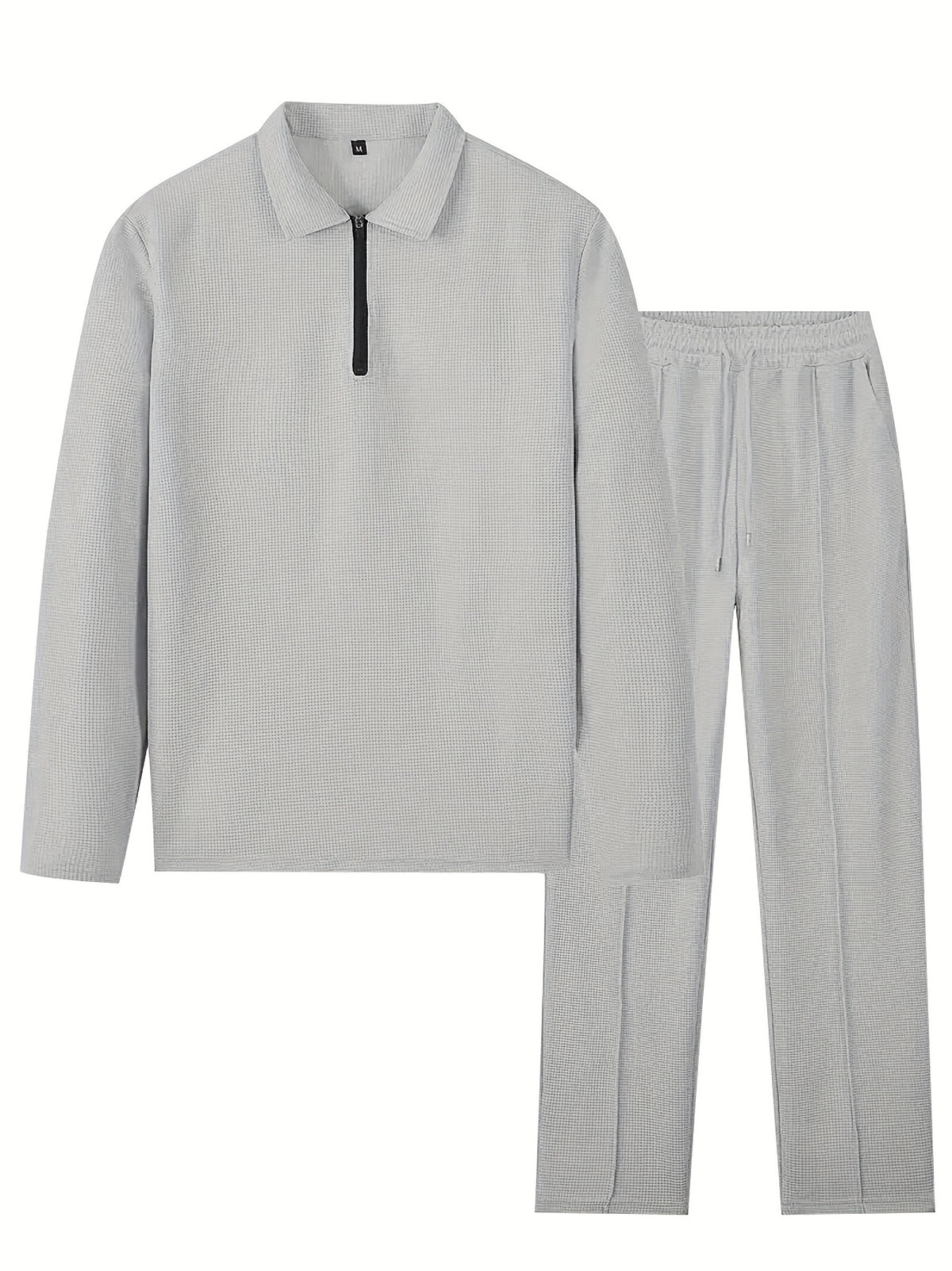 Men's Waffle Long Sleeve Set – 2-Piece Sports & Leisure Tracksuit with Pants, Breathable Polyester Knit, Regular Fit for Spring Autumn Daily Wear, M-XXXL