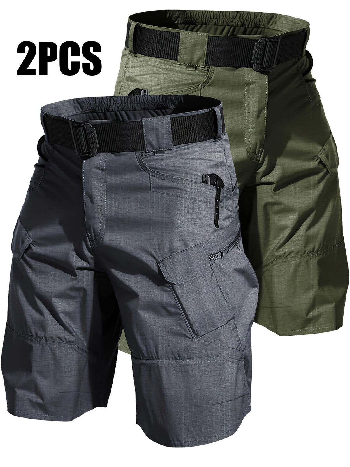 Cargo Shorts for Men 2 Pack – Multi-Pocket 100% Polyester Regular Fit Outdoor Hiking Work Casual Shorts S-XXXL (Black, Gray, Khaki, Army Green)