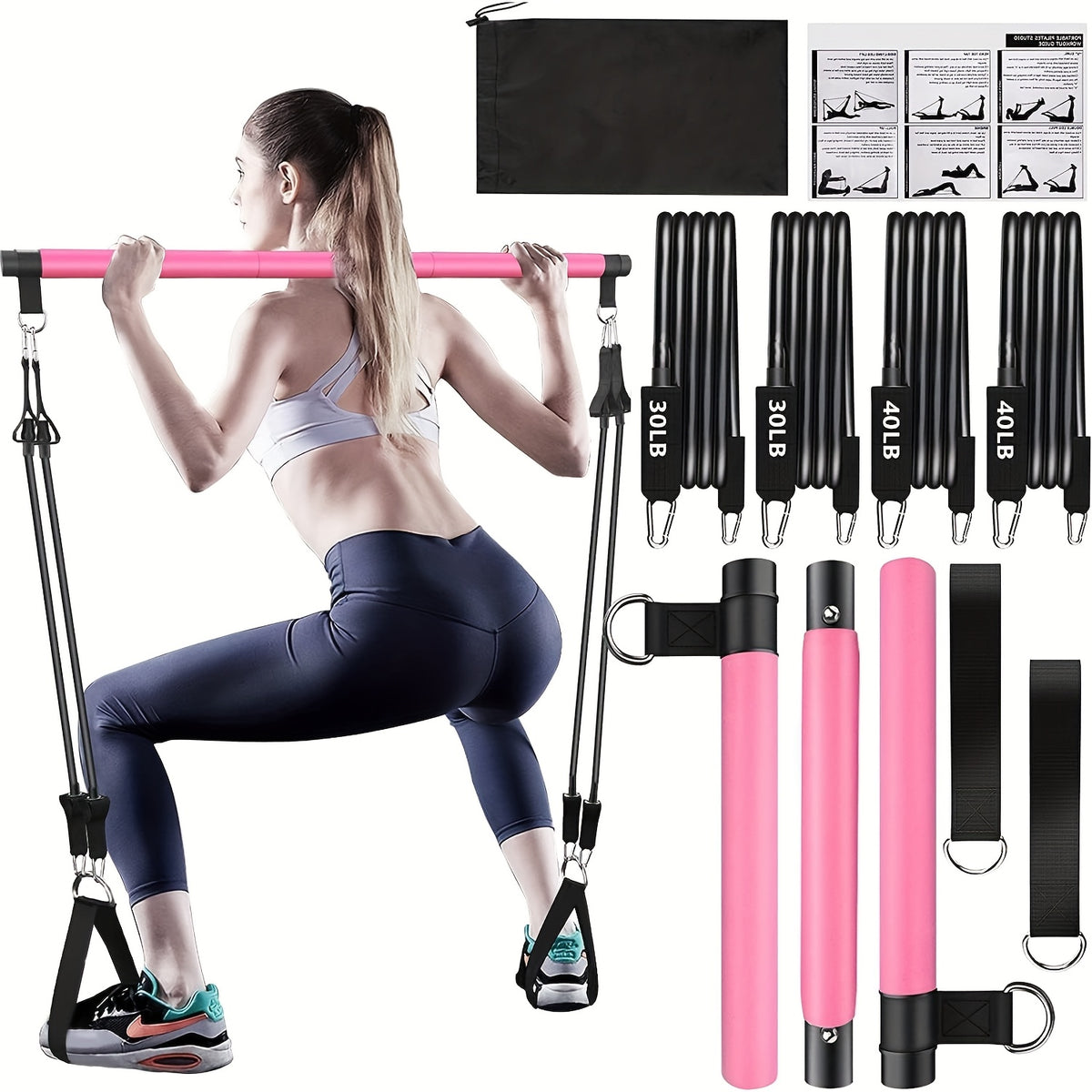 Pilates Bar Kit 8-Piece with 4 Resistance Bands 150 LBS – Portable Home Gym Fitness Set with Ankle Straps & Drawstring Backpack for Men & Women, Full Body Workout Equipment