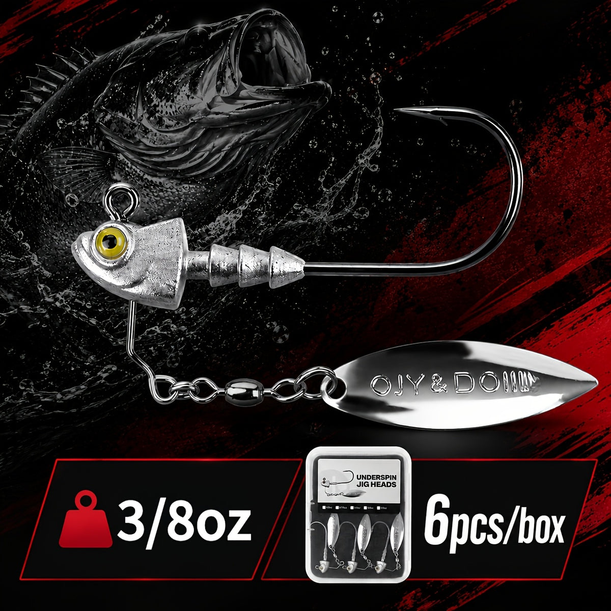 Underspin Jig Heads 6-Pack 100% Brass Blade Never Rust Bass Walleye Saltwater Fishing Lure 3/16oz 1/4oz 3/8oz 1/2oz Silver Swimbait Jig Head Set