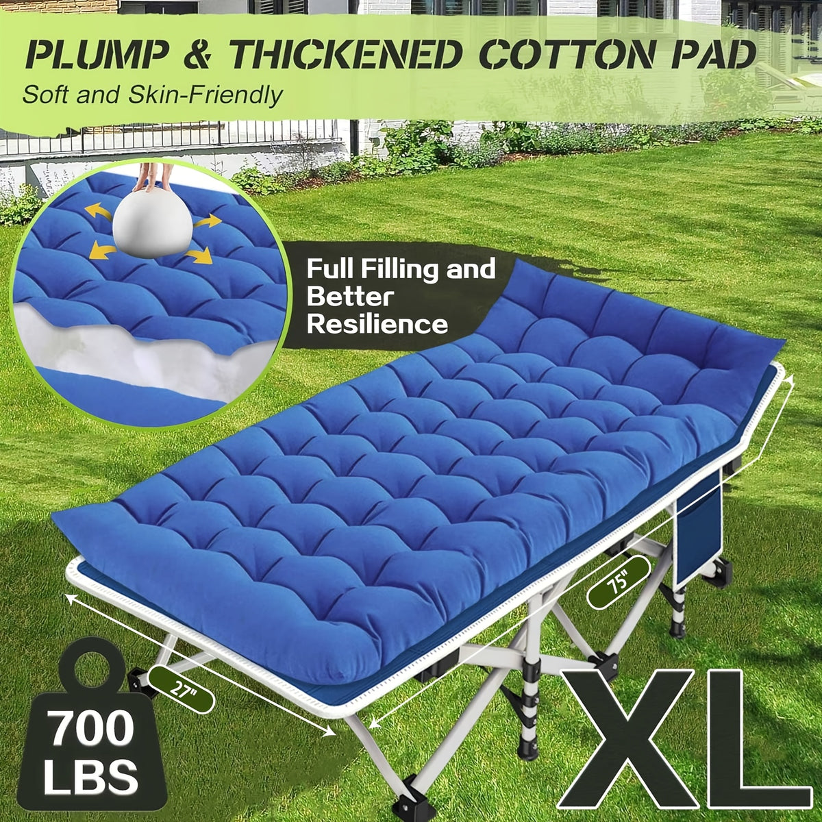 Folding Camping Cot with Mattress XXL Oversize 75"-79" Heavy Duty 700-900 LBS – Portable Guest Bed & Sleeping Cot with Carry Bag for Camping, Travel, Indoor & Outdoor Use