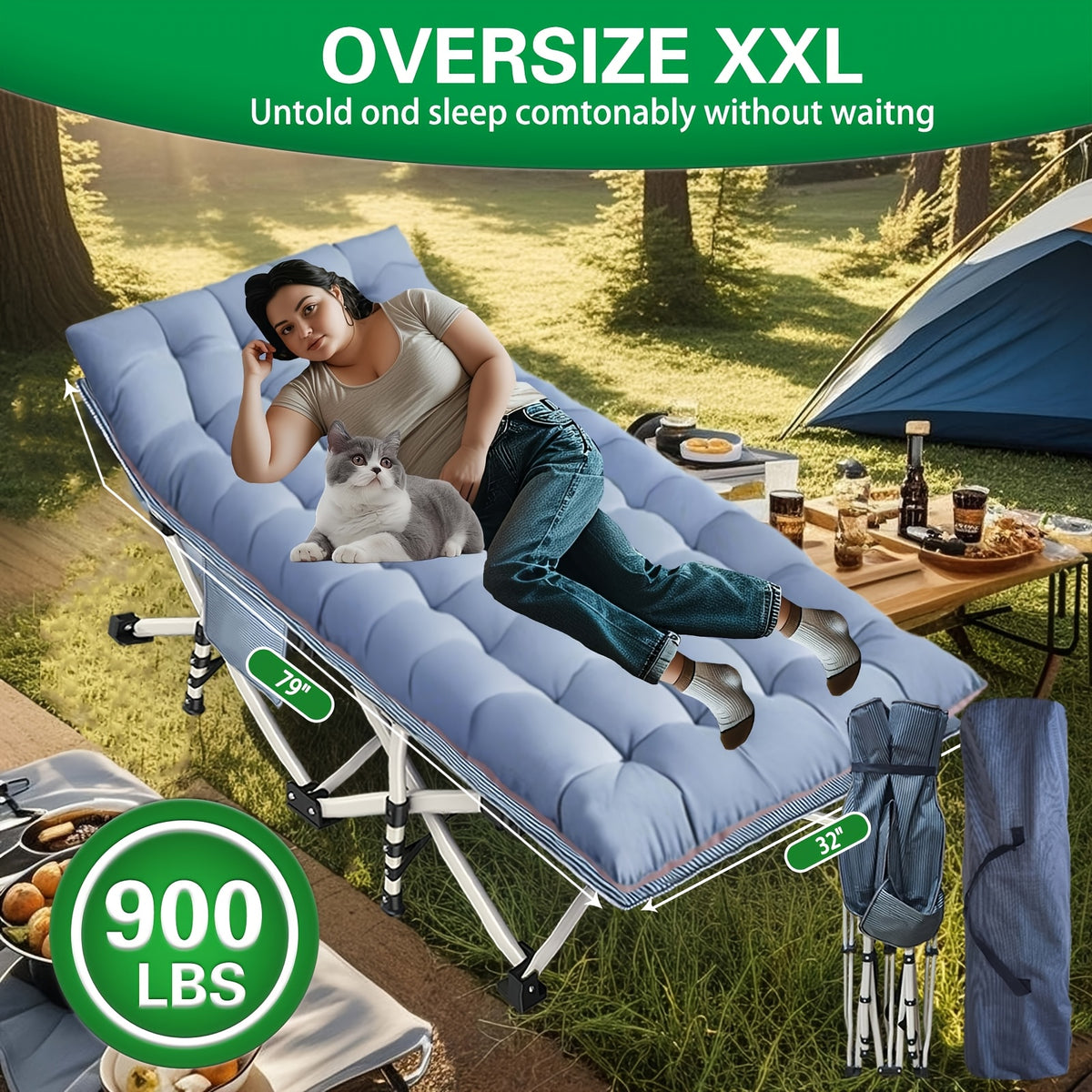 Folding Camping Cot with Mattress XXL Oversize 75"-79" Heavy Duty 700-900 LBS – Portable Guest Bed & Sleeping Cot with Carry Bag for Camping, Travel, Indoor & Outdoor Use