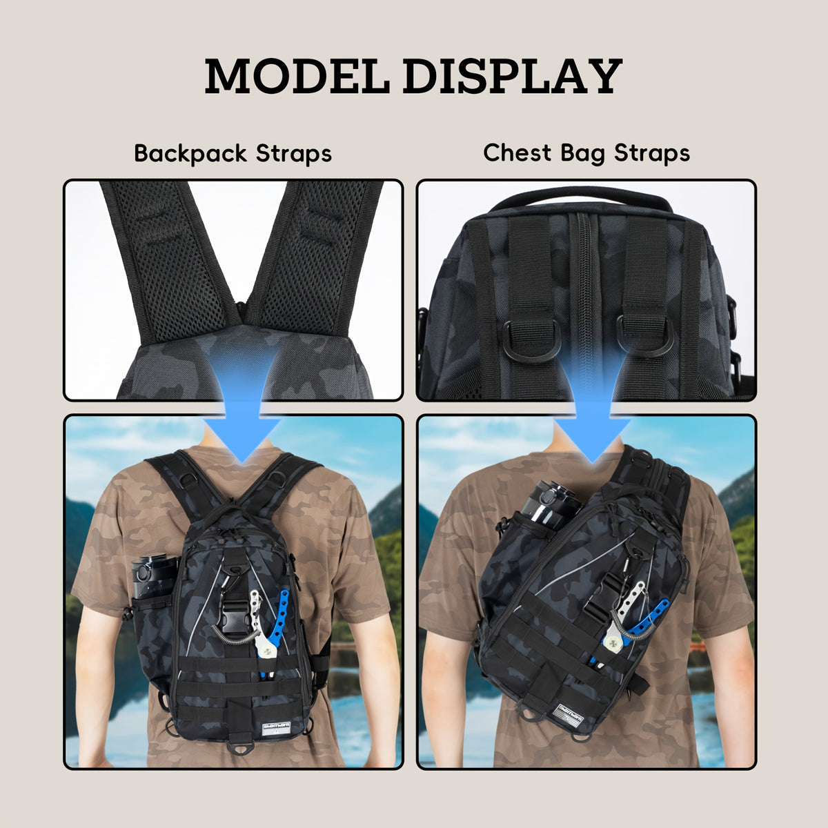 Tackle Sling Bag with Rod Holder for Men & Women – Fishing Backpack Daypack, Multi-Pocket Fly Fishing Bag, Camouflage Khaki Black, Standard & Large, Best Fishing Gift for Dad