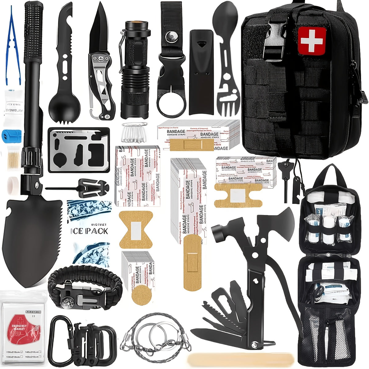 217-Piece Survival Kit with First Aid Kit & Survival Tools MOLLE Storage Bag - Outdoor Camping Hiking Emergency Gear for Men - Brown Black Khaki Green Red Orange Camouflage