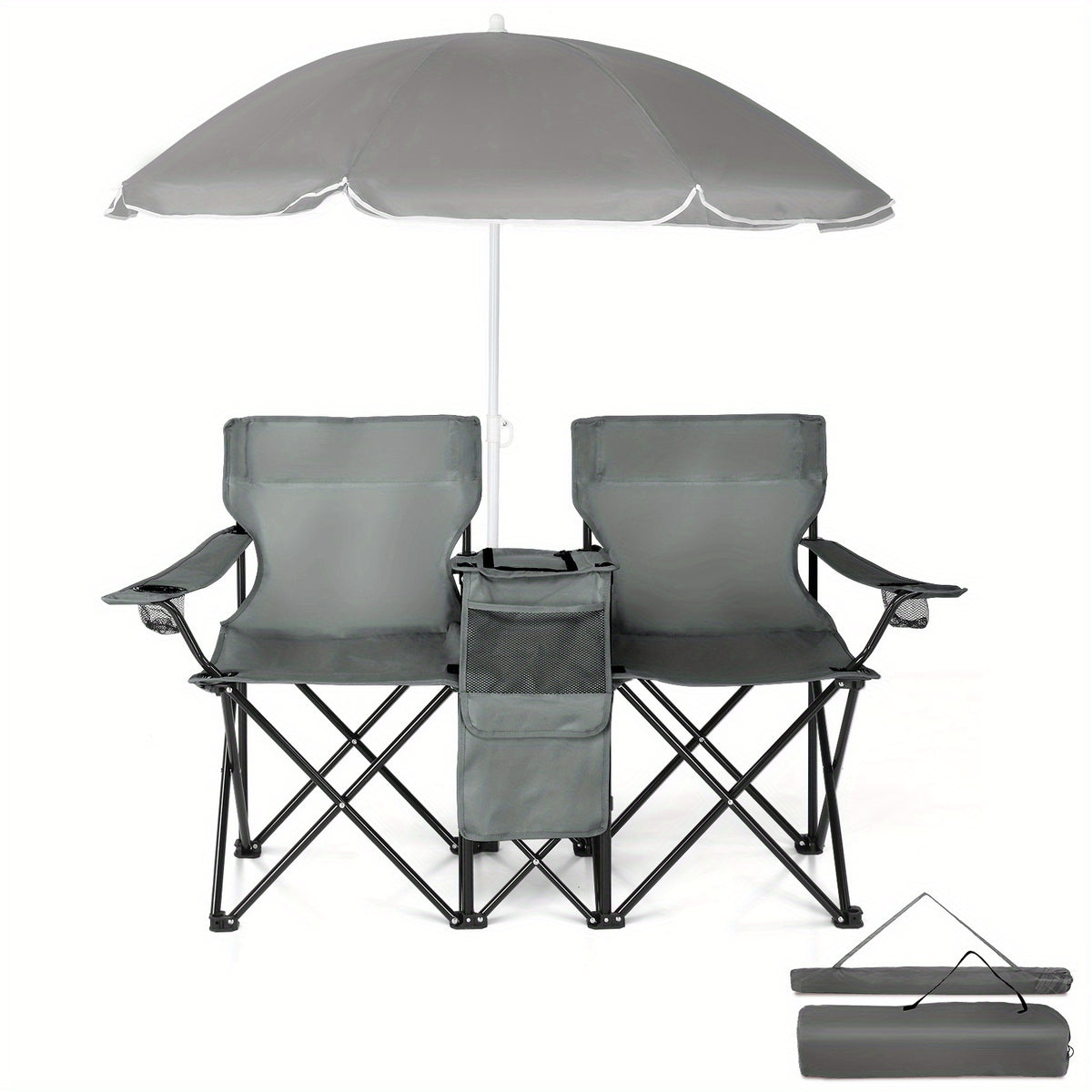 Folding Fishing Chair with Sun Umbrella 2-Seat Portable Outdoor Chair - Iron Alloy Frame Oxford Fabric Beach Patio Camping Chair with Storage Bag - Red Black Grey Blue Coconut Pineapple Pattern