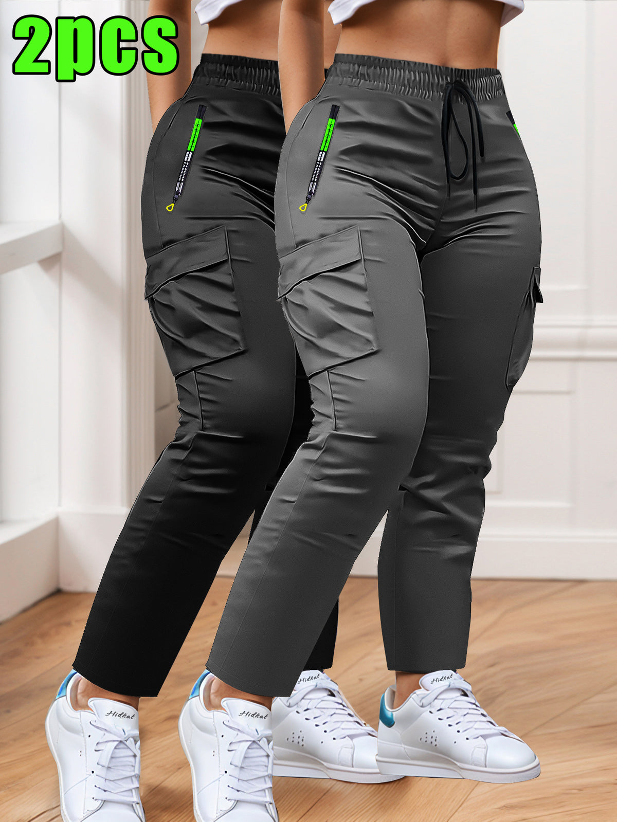 Women's Slim Cargo Pants 2-Pack Multi-Pocket Drawstring Waist Zip Pocket Straight Leg – Casual Trousers for Outdoor Sports Everyday Wear & Dates