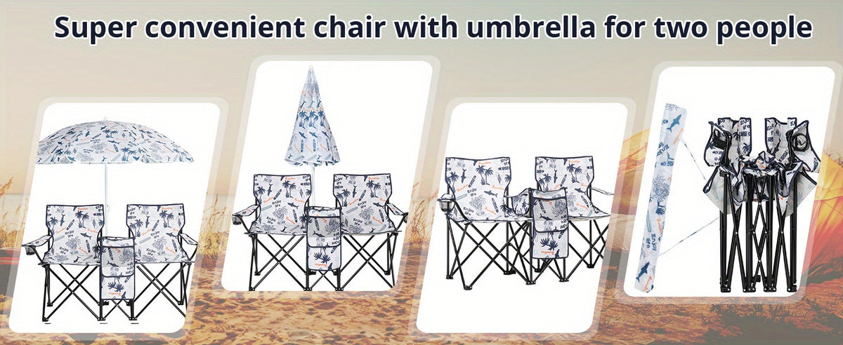 Folding Fishing Chair with Sun Umbrella 2-Seat Portable Outdoor Chair - Iron Alloy Frame Oxford Fabric Beach Patio Camping Chair with Storage Bag - Red Black Grey Blue Coconut Pineapple Pattern