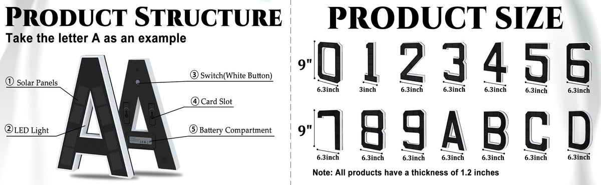 9 Inch Solar Lighted House Numbers for Outside - IP44 Waterproof, Auto Light Sensor, 9hr Illumination, Modern Exterior Address Sign, Numbers 0-9 & Letters A-D