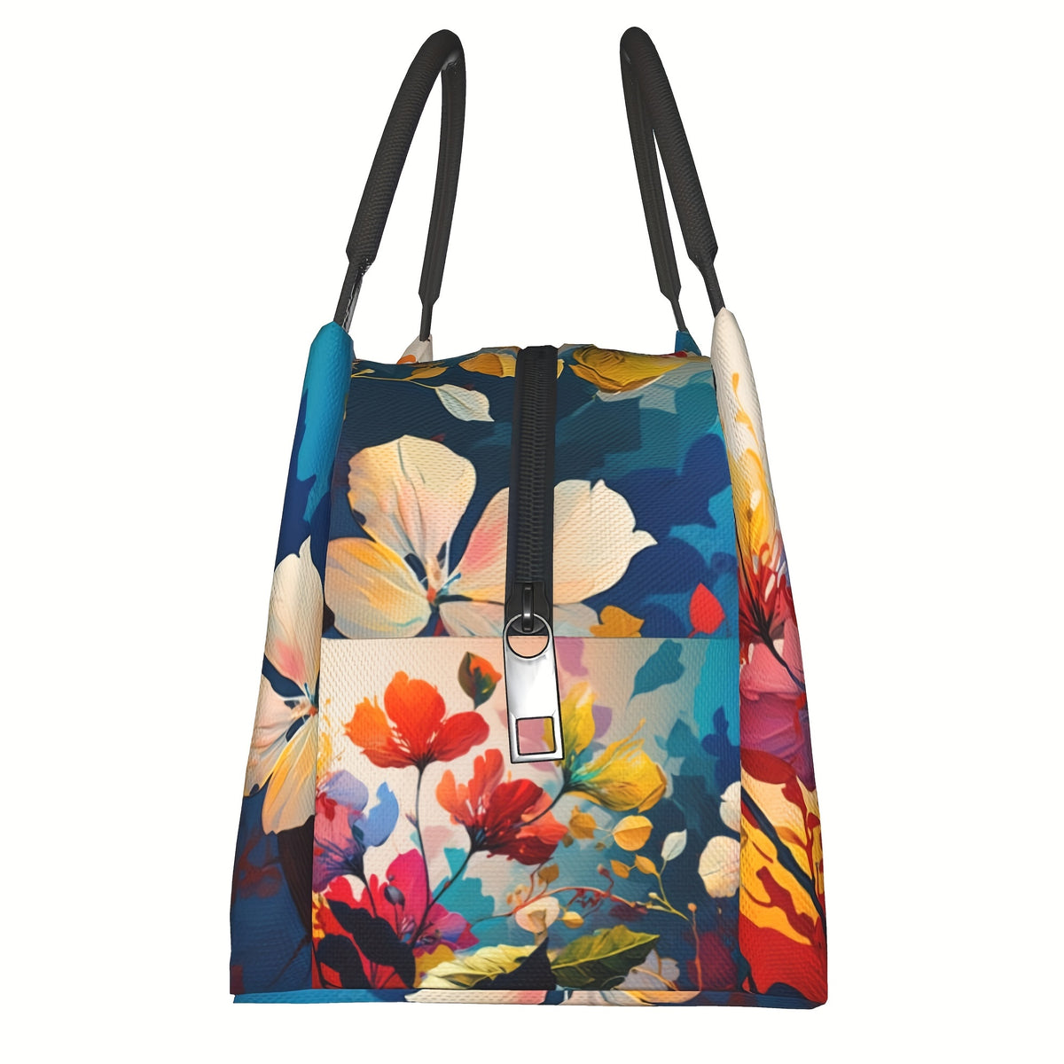 Insulated Lunch Bag for Women Vibrant Floral Reusable Cooler Tote with Black Handles 11x6.5x7 In - Leakproof Lunch Box for School Office Camping Picnic Beach - Lightweight Polyester Lunch Bag