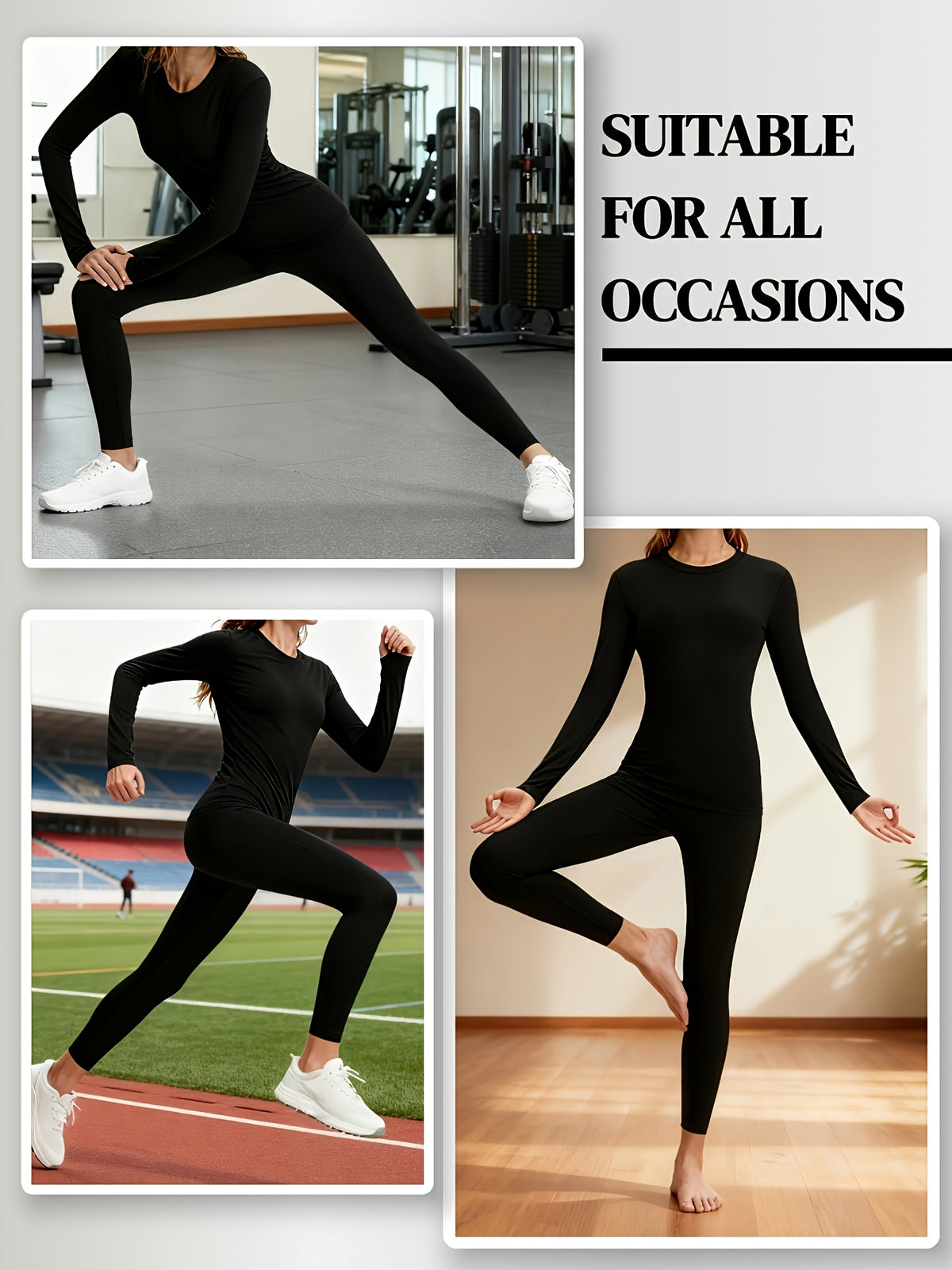Women's Thermal Underwear Set 2-Piece – Compression Base Layer Lined Leggings & Top for Winter Sports Skiing Yoga Cycling, Soft Knit 90% Polyester, Black, S-XXL