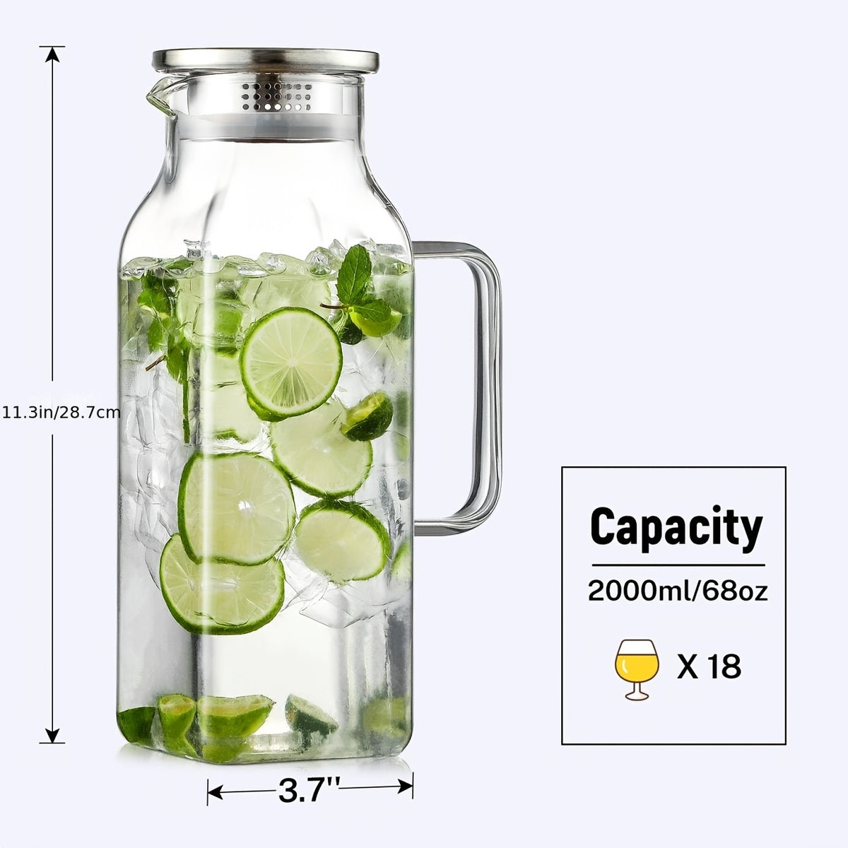 Glass Pitcher with Lid 68oz 2 Pack Square Borosilicate Glass Water Pitcher with Handle Classic Stripes Carafe for Fridge Iced Tea Coffee Cold Hot Brew Large Jug