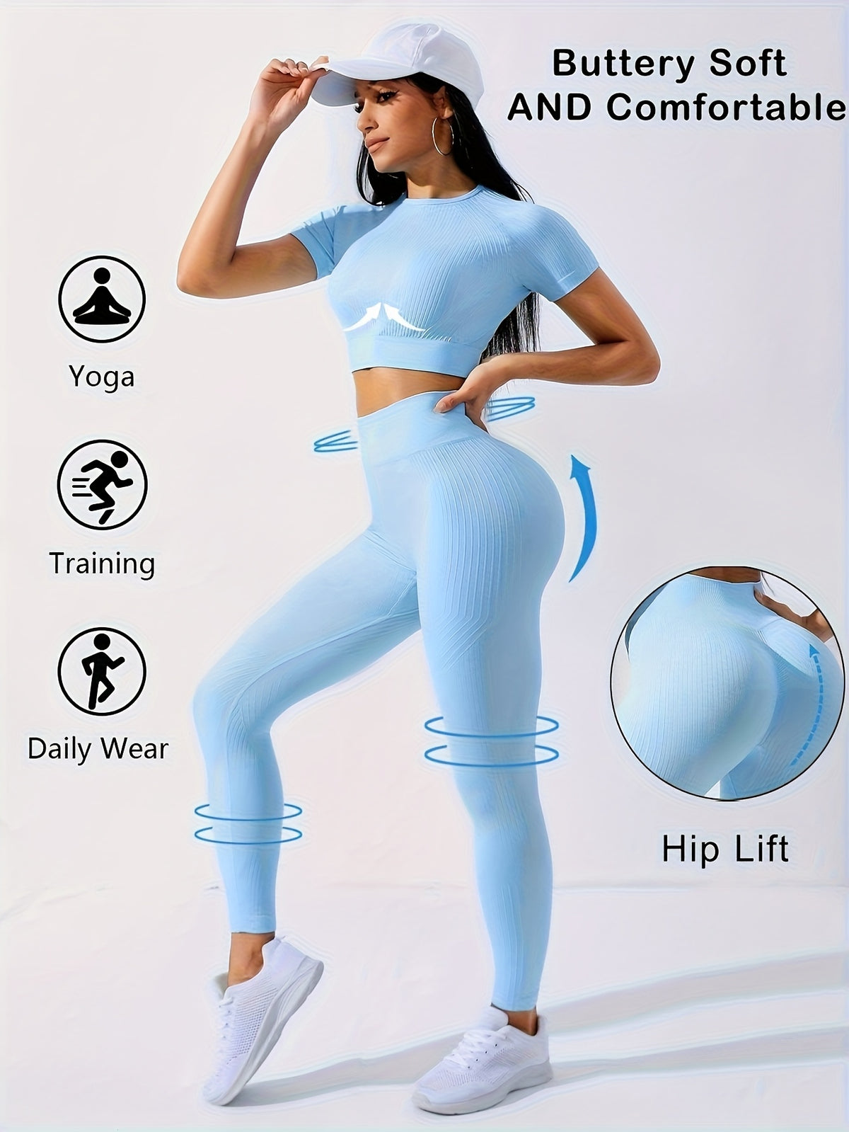 2PCS Women's Workout Set – Yoga Crop Top & Leggings, Crew Neck, Medium Stretch, Solid Color All-Season Activewear, XS-XL