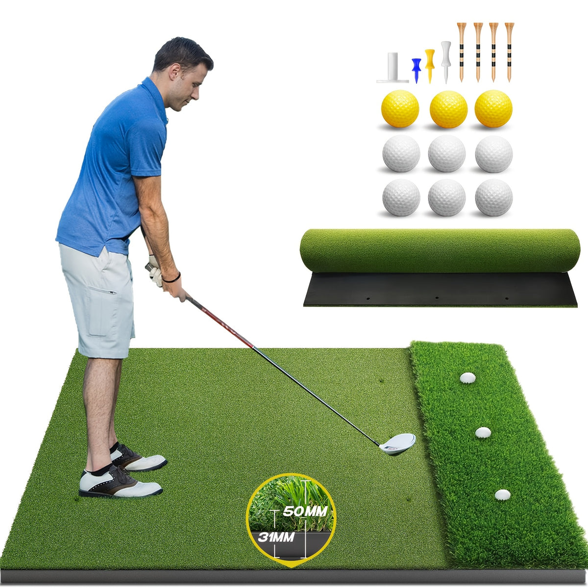 Golf Hitting Mat 5x3ft 21mm & 5x4ft Dual-Turf 31mm – Indoor Outdoor Practice Mat with Balls Tees Gift for Golfers