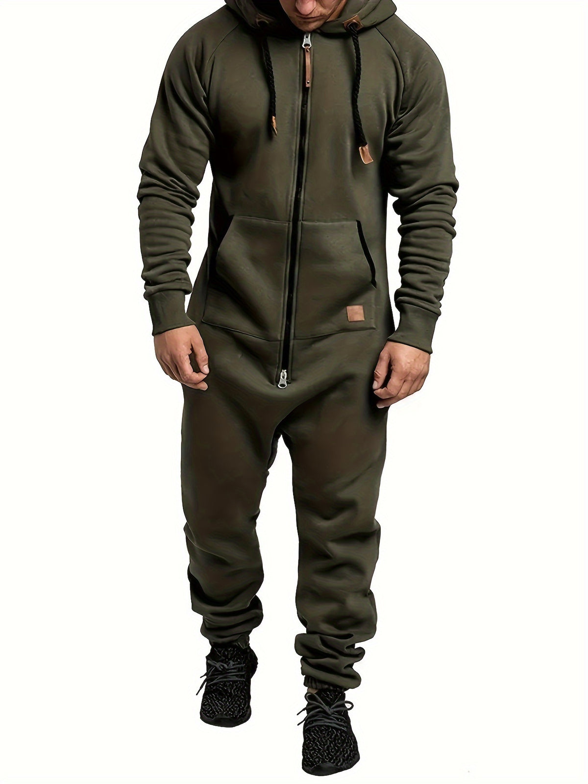 Men's Hooded Fleece Lined Jumpsuit Full Zip – Long Sleeve One Piece Romper with Kangaroo Pocket for Casual Sports Travel Fall Winter, Black Fern Green Red, S-XXXL