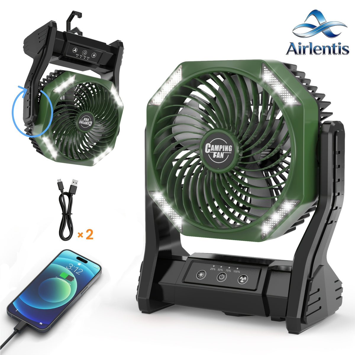 20000mAh Portable Camping Fan 180° Oscillating 4-Speed Brushless Motor LED Light 22-26H Battery USB Rechargeable for Camping Hiking Picnic Emergency Gray Pink Green Black Orange