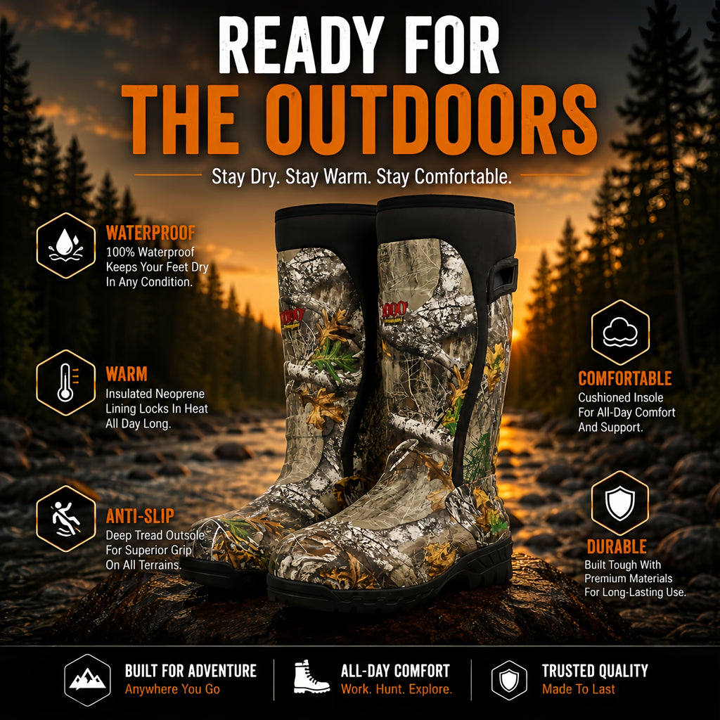 Men's 6mm Neoprene Insulated Hunting Boots – Waterproof Camouflage Rubber Boots with Non-Slip Sole, Slip-On Outdoor Boots for Duck Hunting Fishing Hiking Farming, Sizes US 8-14