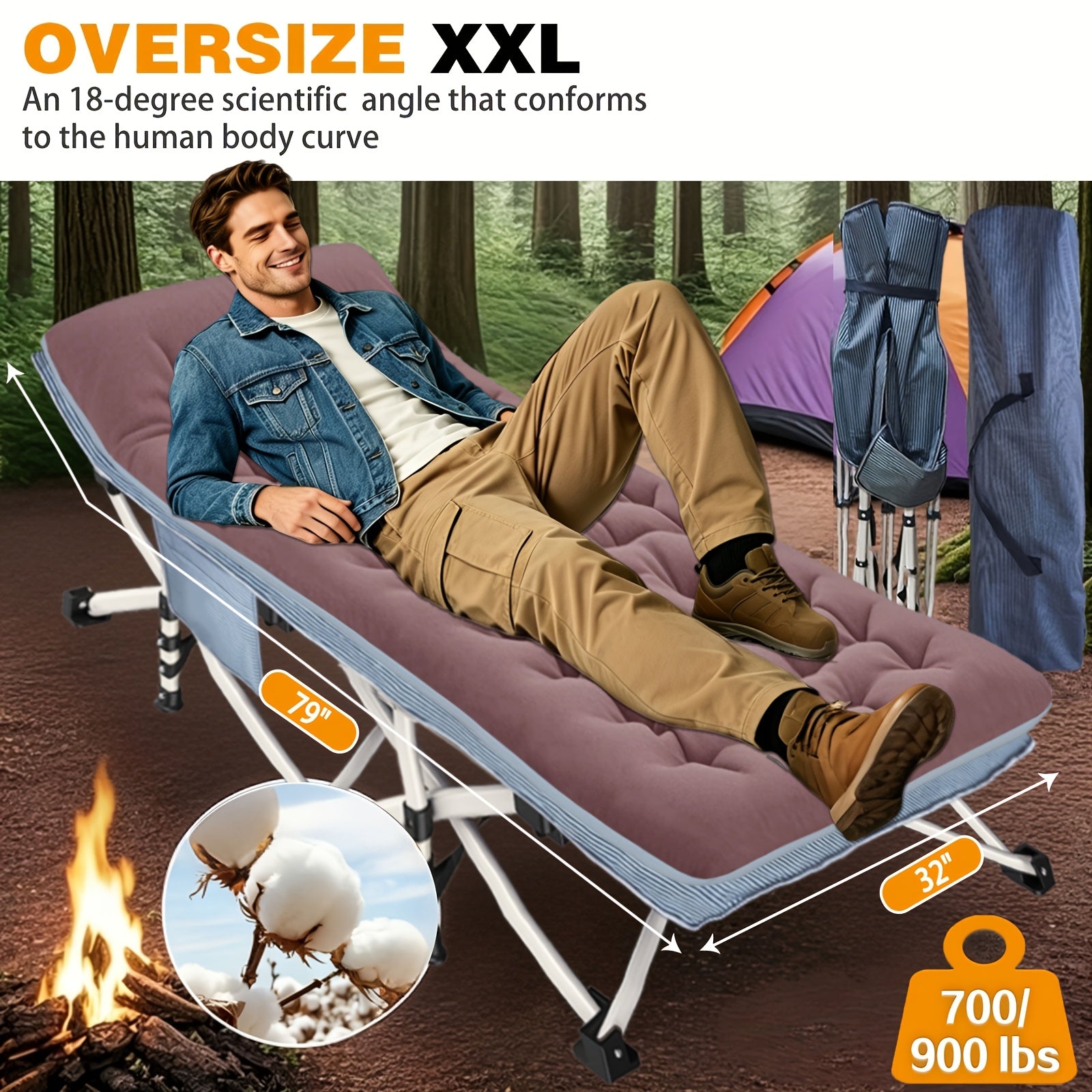 XXL Oversized Camping Cot 32-Inch Wide with Comfortable Mattress – Extra Wide Heavy-Duty Folding Cot for Adults, 1200D Oxford Cloth, Carry Bag Included, Camping Lounge Chair Option
