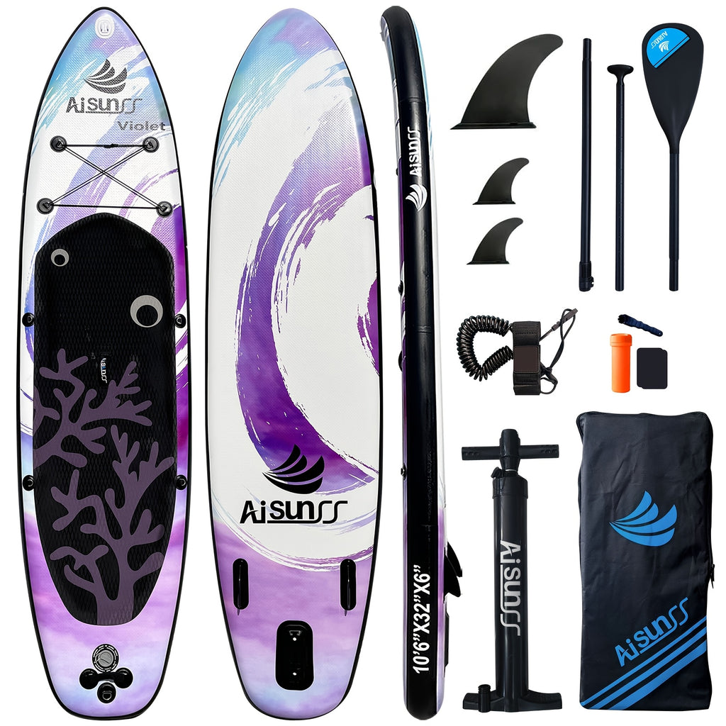 Inflatable SUP Paddle Board for Adults All Skill Levels – Wide Stand Up Board with Carry Bag Hand Pump Waterproof Bag Adjustable Paddle (Blue, Green, Purple)