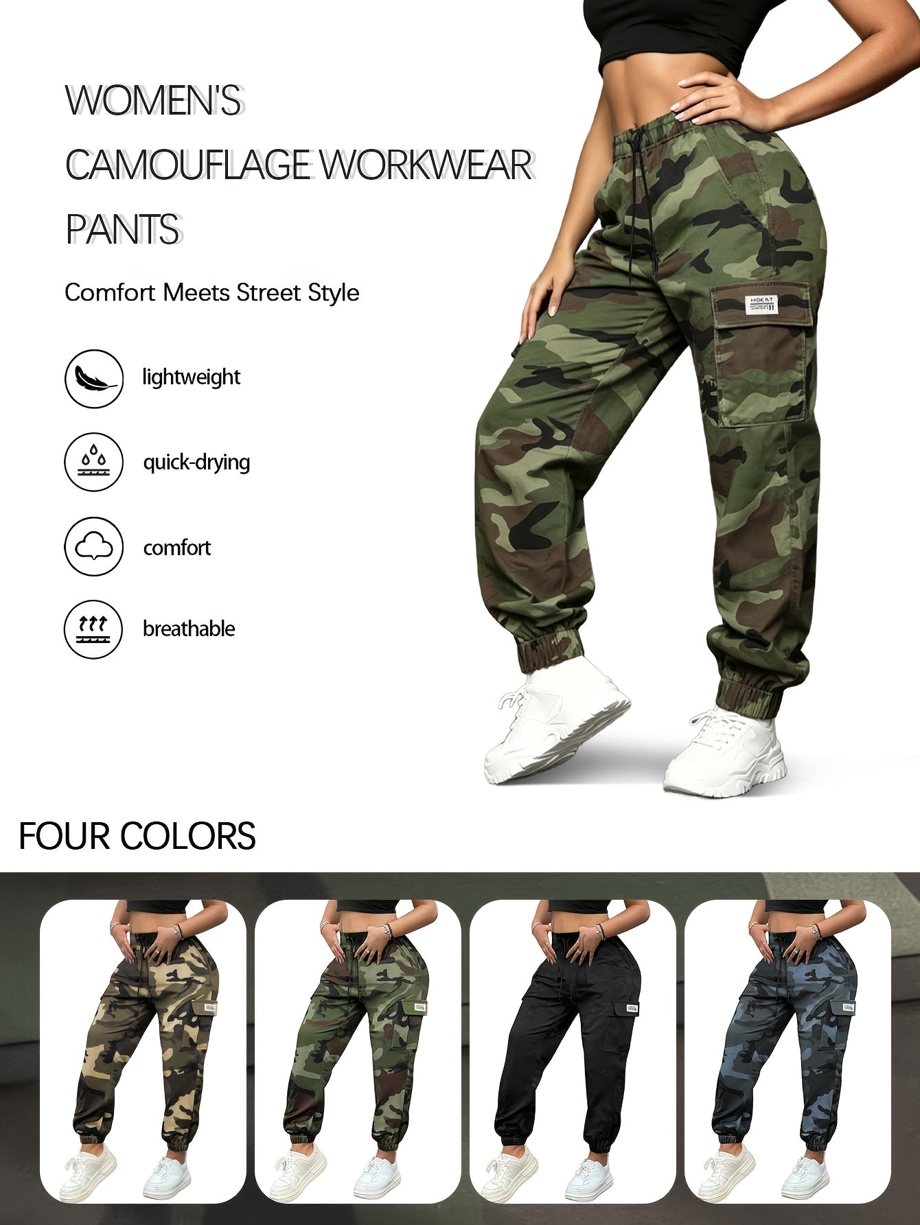 Women's Camo Cargo Pants Lightweight Breathable Hiking Camping Outdoor Long Pants Elastic Waistband Camouflage Trousers Summer Travel Casual Wear XS-XXL