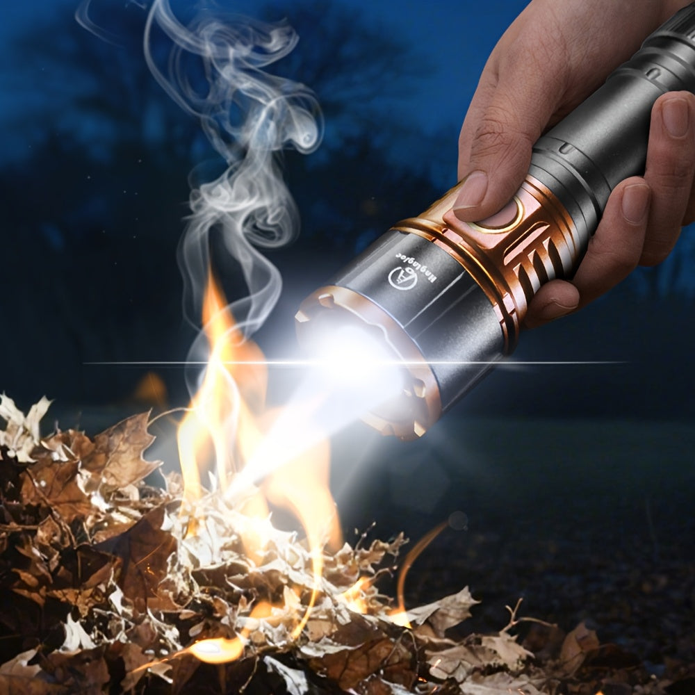 4500 Lumen Aluminum Flashlight with Fire Starter & Fresnel Lens – 21700 Rechargeable Outdoor Survival Torch for Camping Fishing Night Riding Power Outage, Adjustable Beam