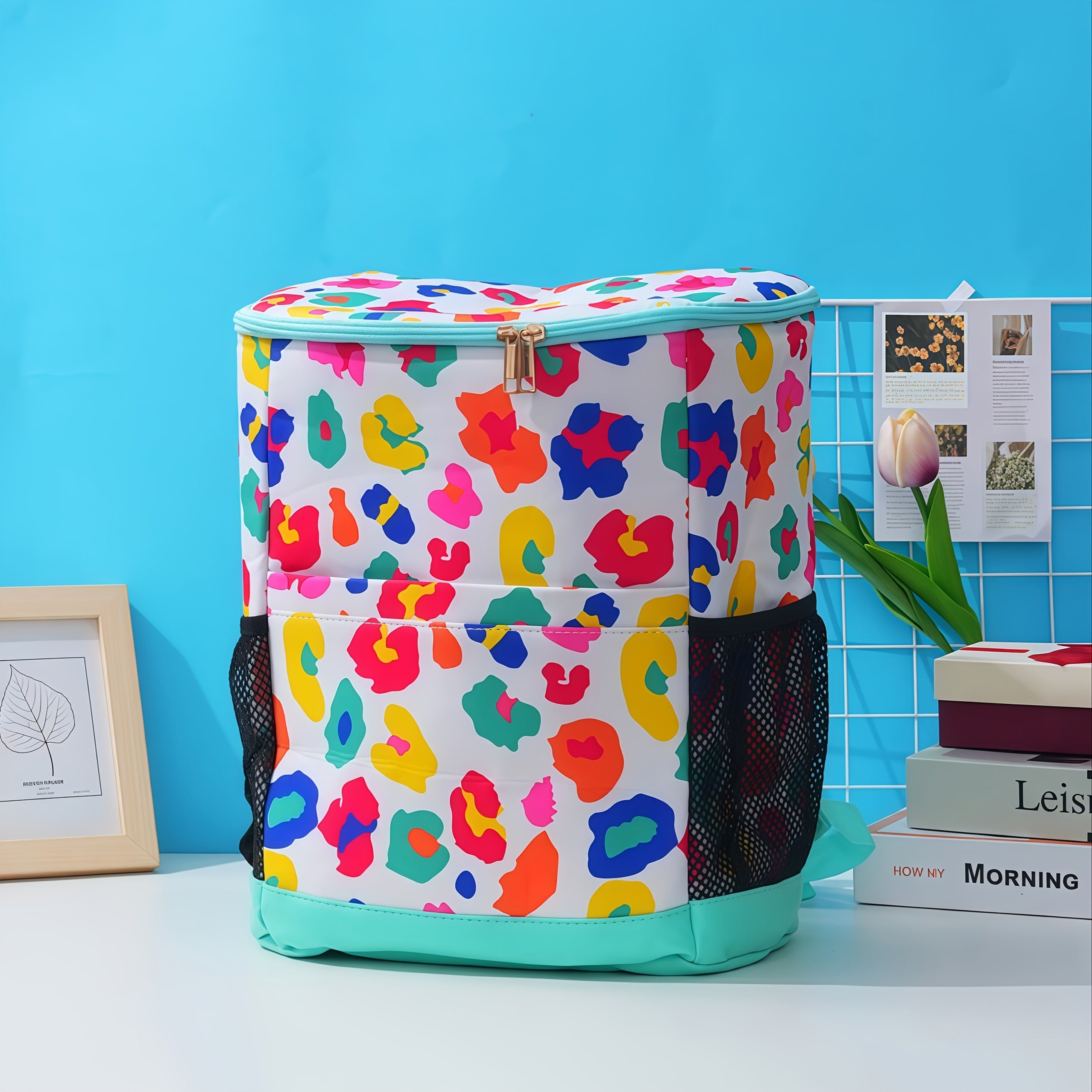 Insulated Cooler Backpack 30-Can Leopard Print Nylon Portable Cooler Bag with Mesh Pockets Adjustable Straps for Beach Camping Picnic Outdoor Travel Daily Use