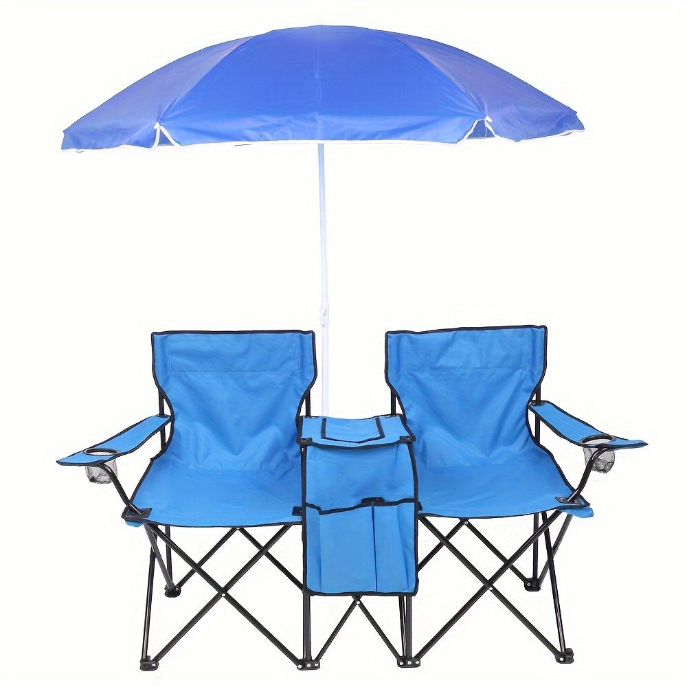 2-Seat Folding Outdoor Chair with Removable Sun Umbrella - Portable Double Camping Chair with Handrails for Fishing Beach Sunbathing Patio - Durable Steel Frame Oxford Fabric Lawn Chair