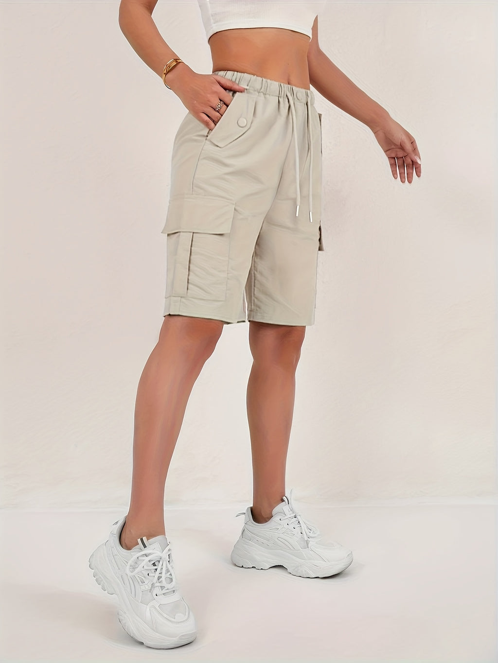 Women's Cargo Shorts 2-Pack - Lightweight Straight-Leg Mid-Thigh Bermuda Shorts with Multiple Pockets & Adjustable Drawstring Waist, Machine Washable Casual Outdoor Shorts S-XXL
