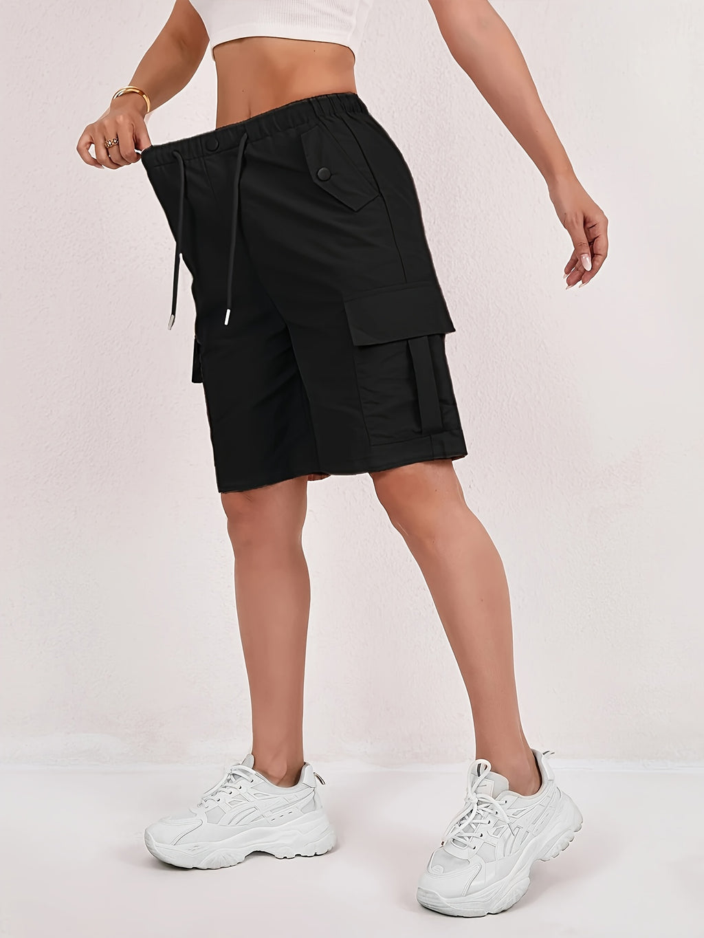 Women's Cargo Shorts 2-Pack - Lightweight Straight-Leg Mid-Thigh Bermuda Shorts with Multiple Pockets & Adjustable Drawstring Waist, Machine Washable Casual Outdoor Shorts S-XXL