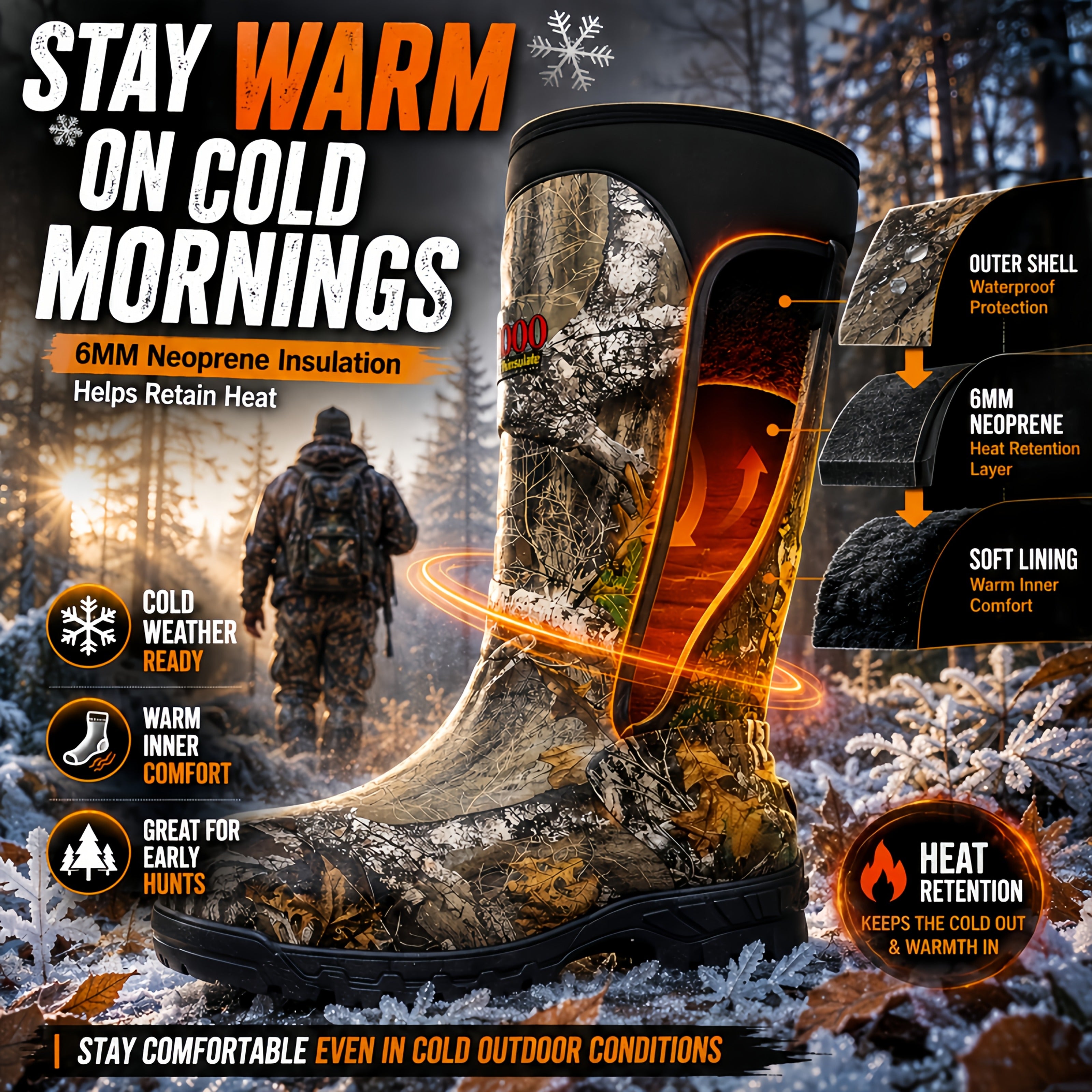 Men's 6mm Neoprene Insulated Hunting Boots – Waterproof Camouflage Rubber Boots with Non-Slip Sole, Slip-On Outdoor Boots for Duck Hunting Fishing Hiking Farming, Sizes US 8-14