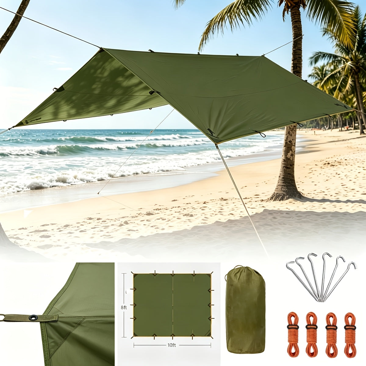Waterproof Camping Tarp Canopy 4 Person – UV Protection Alloy Poles Portable Foldable Rain Fly Awning for Hiking Backpacking Survival Outdoor, Multiple Colors & Sizes