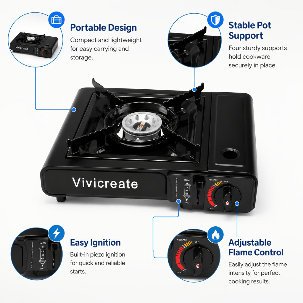 Portable Butane Camping Stove 8500 BTU – Compact Outdoor Burner for Cooking, Hiking, Backpacking, Emergency Survival Gear, Windproof Camp Stove