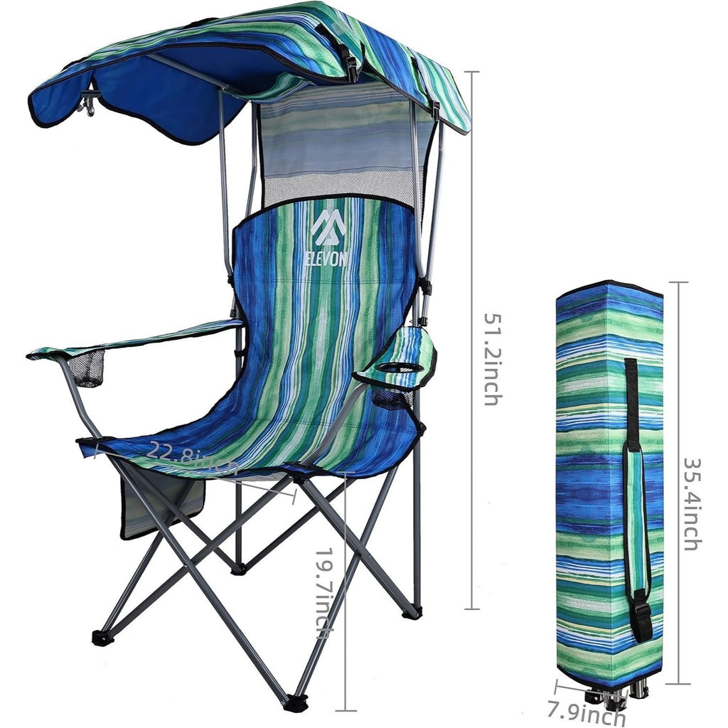 Folding Camping Chair with Canopy Sunshade Portable Beach Chair – 225 lbs Support Wide Seat Cup Holder Carrying Bag for Outdoor Lawn
