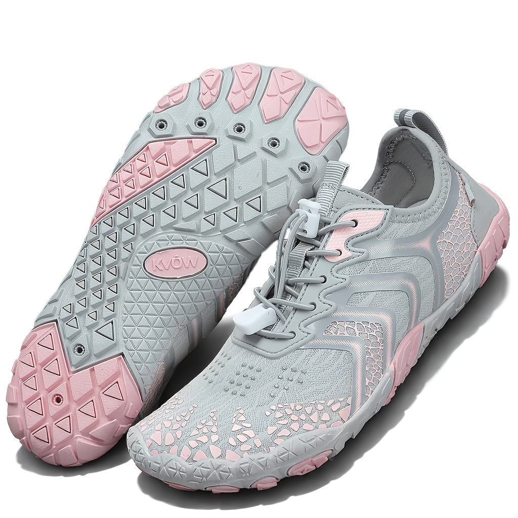 Women's Water Shoes Quick-Dry Aqua Sneakers – Lightweight Breathable Mesh Lace-Up Beach Wading Shoes, Rubber Sole, Striped, Black White Pink, US 6-11