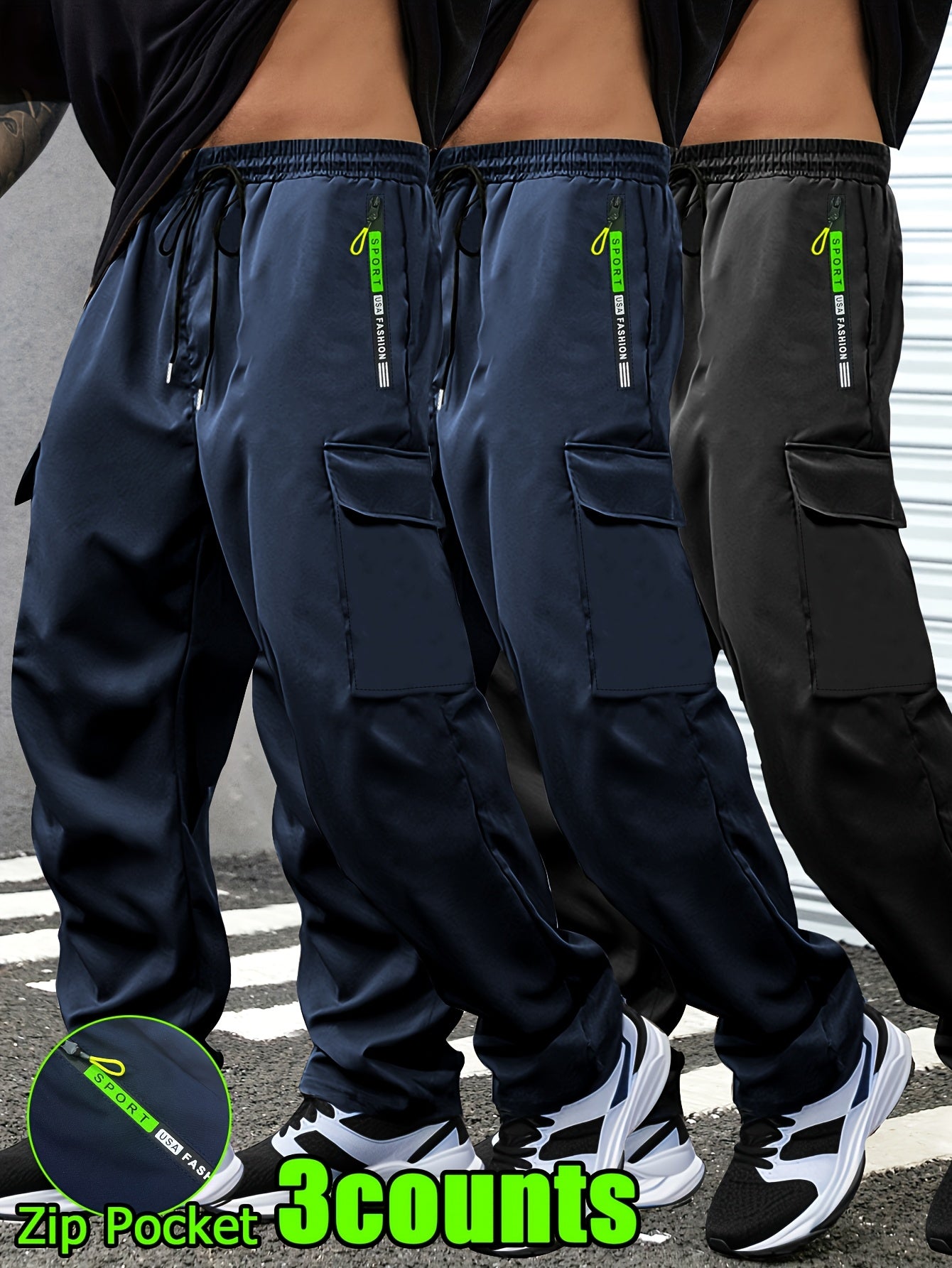 Men's Lightweight Cargo Pants with Drawstring & Elastic Waist – Multi Zipper & Side Pockets, Breathable Regular Fit for Hiking, Camping & Casual Outdoor Wear, S-XXXL