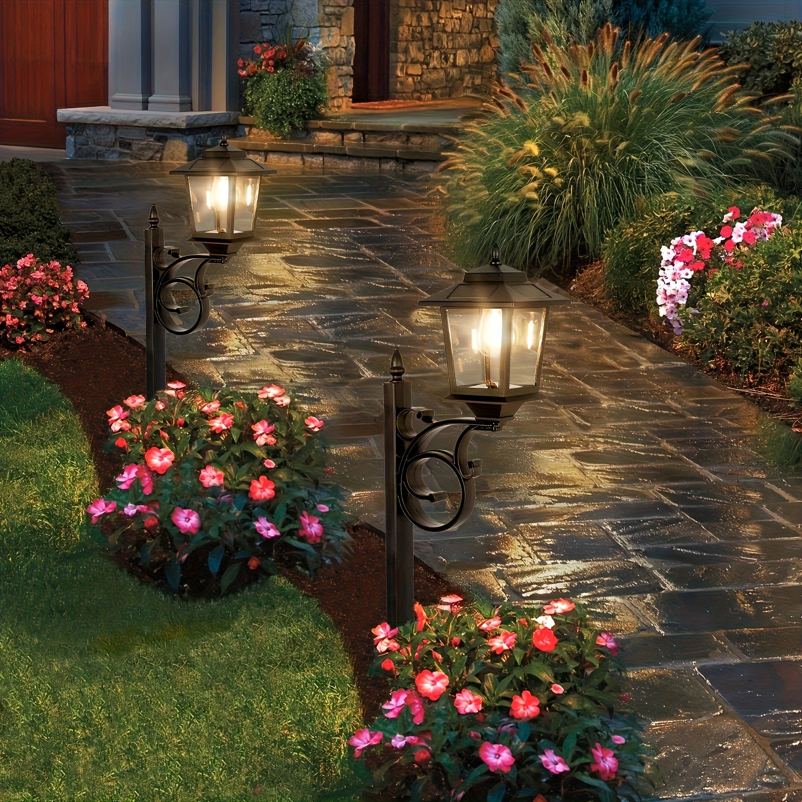 Solar Flower Pot Lamp Post Light Outdoor 2-in-1 – Glass Lampshade & Bulb, IP44 Waterproof, Wall Mount or Floor Standing, Decorative Garden Patio Lawn Front Door Light (1 or 2 Pack)