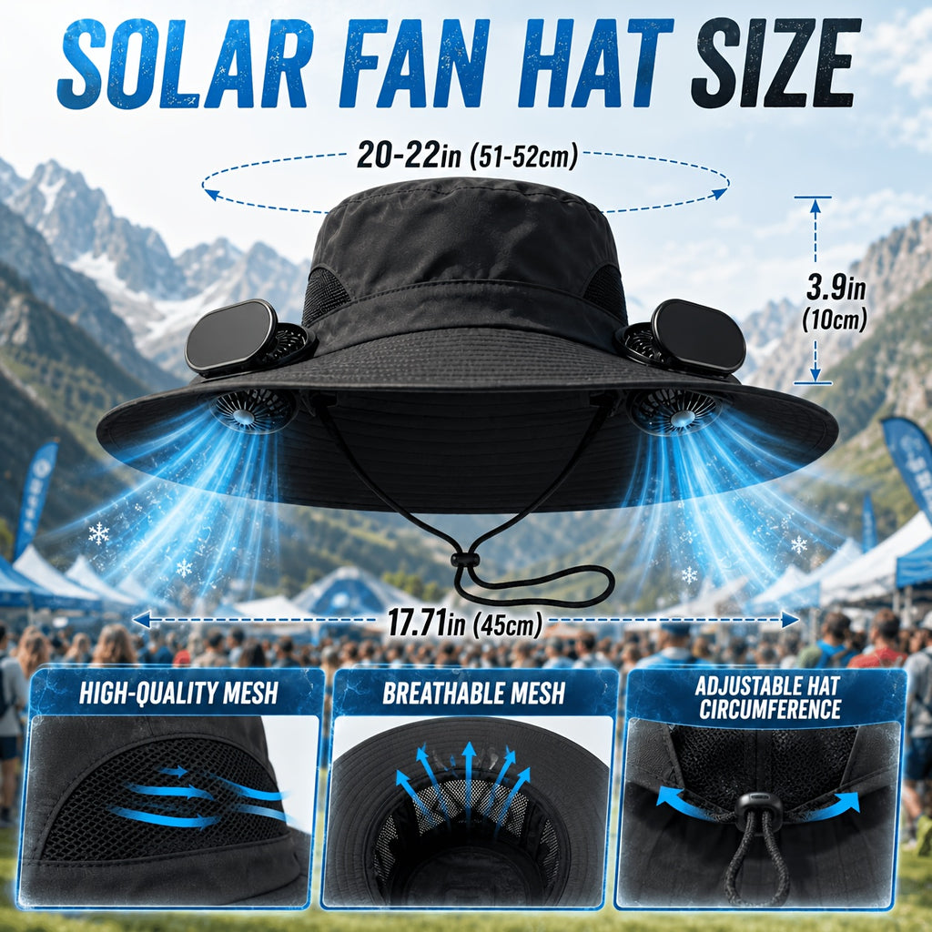 Solar Powered Cooling Fan Hat Wide Brim Dual Fans Adjustable Breathable Sun Hat for Men Women Outdoor Travel Garden Work Black Grey Khaki Camouflage