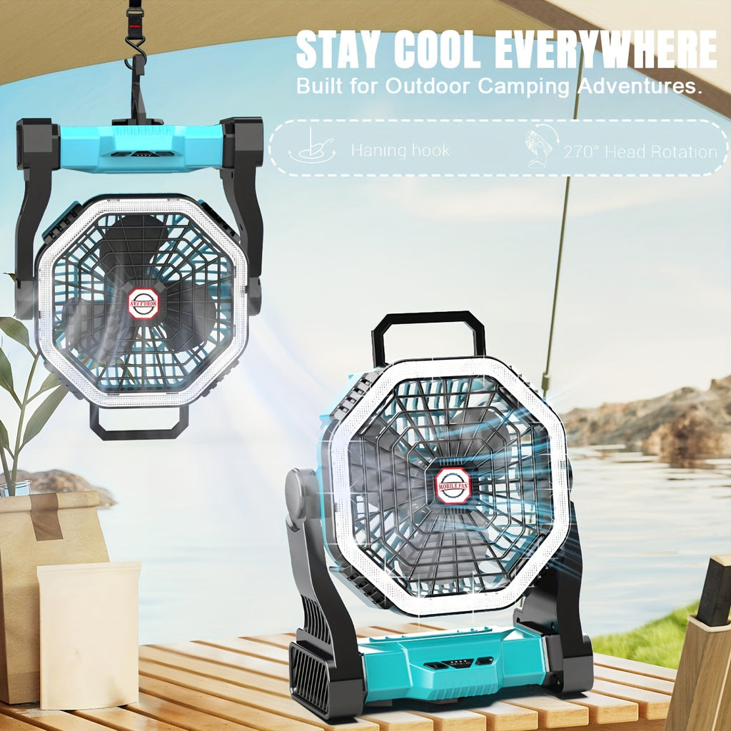 Camping Fan with LED Light Rechargeable USB Battery 4-Speed 3 Lighting Modes Hanging Rope Tent Outdoor Travel Indoor Portable