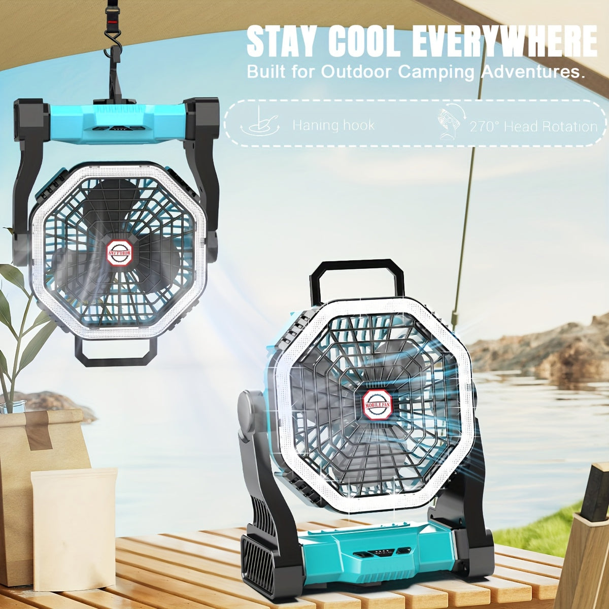 Camping Fan with LED Light Rechargeable USB Battery 4-Speed 3 Lighting Modes Hanging Rope Tent Outdoor Travel Indoor Portable