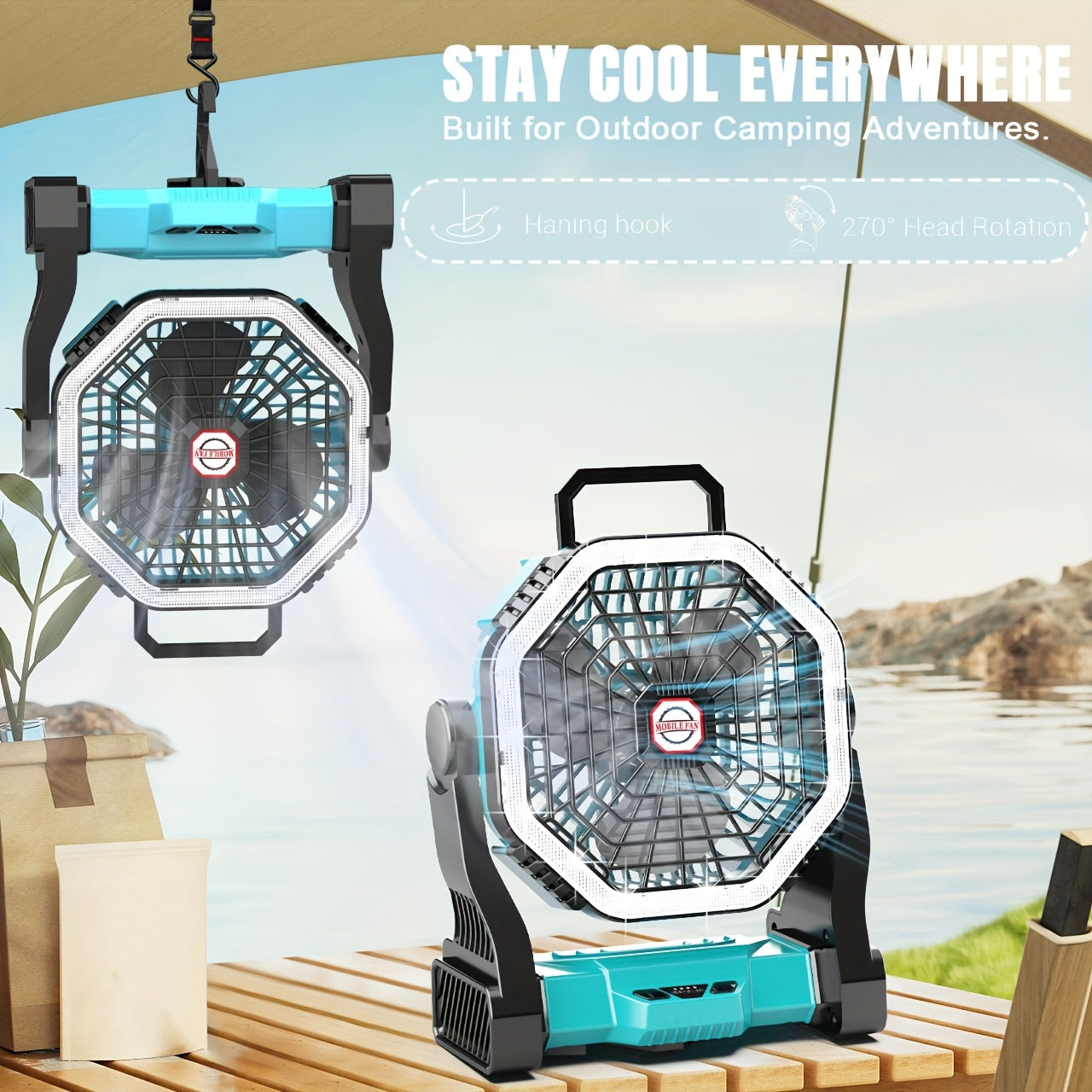Camping Fan with LED Light Rechargeable USB Battery 4-Speed 3 Lighting Modes Hanging Rope Tent Outdoor Travel Indoor Portable