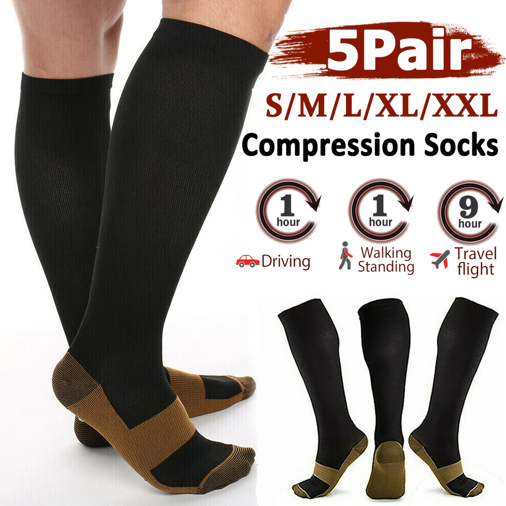 Compression Sport Socks 5 Pairs Unisex Nylon Elastic Enhanced Endurance for Running Cycling Hiking Training All-Day Athletics M-XXL