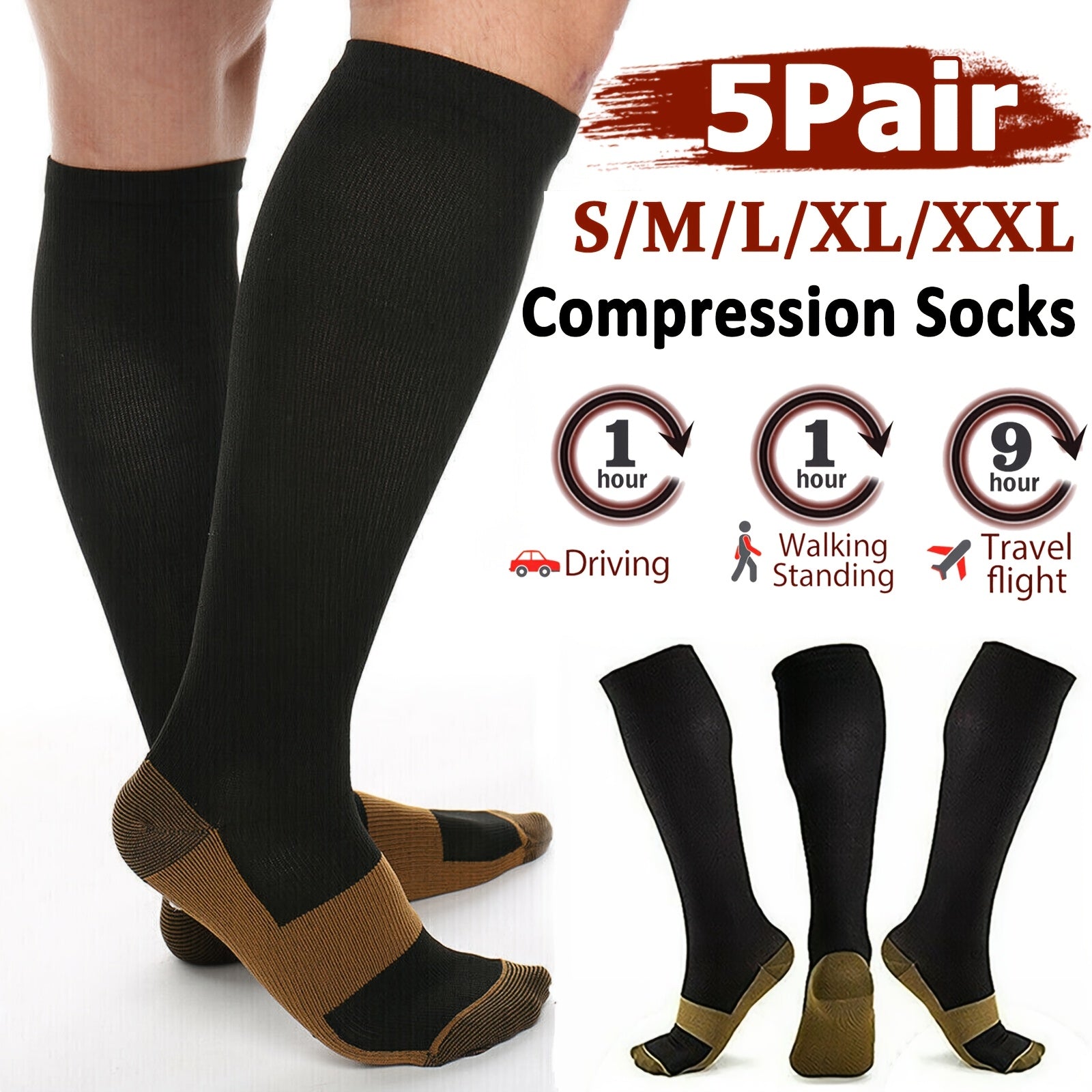 Compression Sport Socks 5 Pairs Unisex Nylon Elastic Enhanced Endurance for Running Cycling Hiking Training All-Day Athletics M-XXL