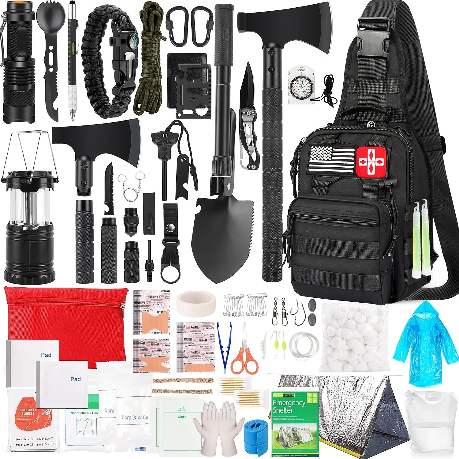 272-Piece Survival Kit with Fire Starter - Emergency Gear Set with First Aid, Flint Magnesium Rod, Whistle, Flashlight & Molle Bag for Camping Hiking Hunting Earthquake Preparedness